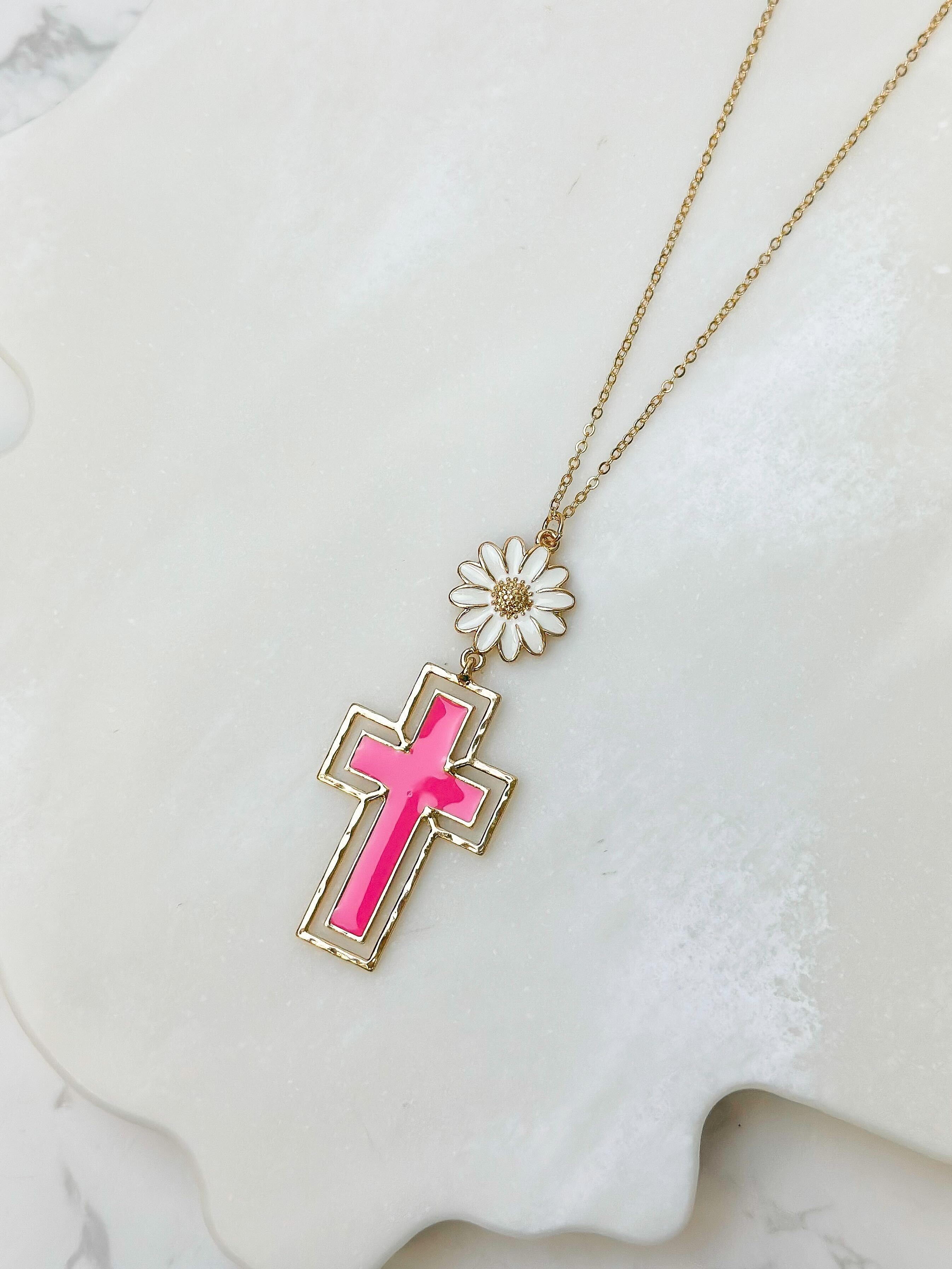 Daisy Cross Pendant Necklace - Pink