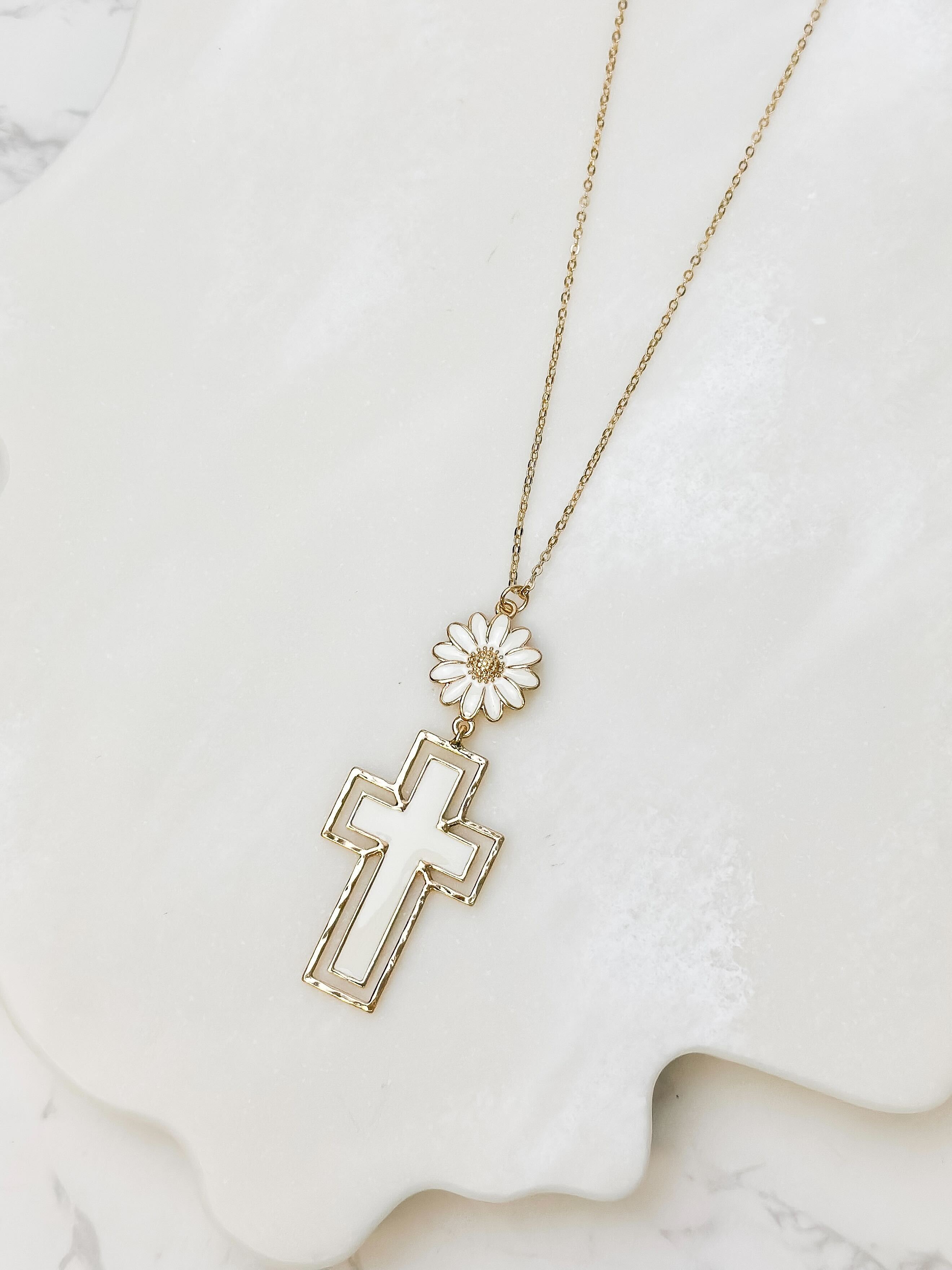 Daisy Cross Pendant Necklace - White