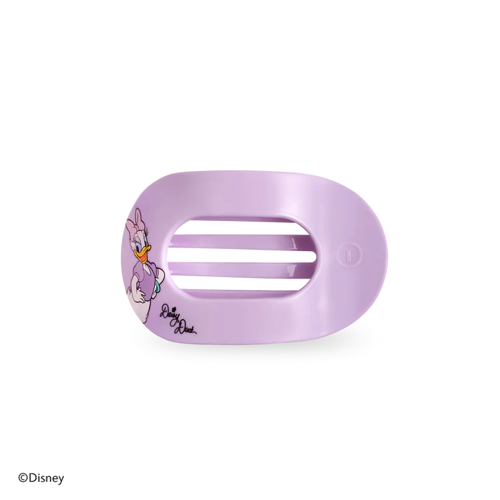 Disney x Teleties Daisy Duck small flat round hair clip in lavender with Daisy Duck character graphic and signature on white background