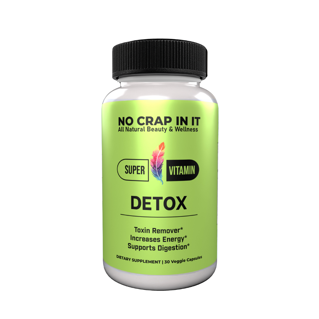 No Crap In It Super Vitamin Detox dietary supplement bottle with green label, 30 veggie capsules, front view on white background