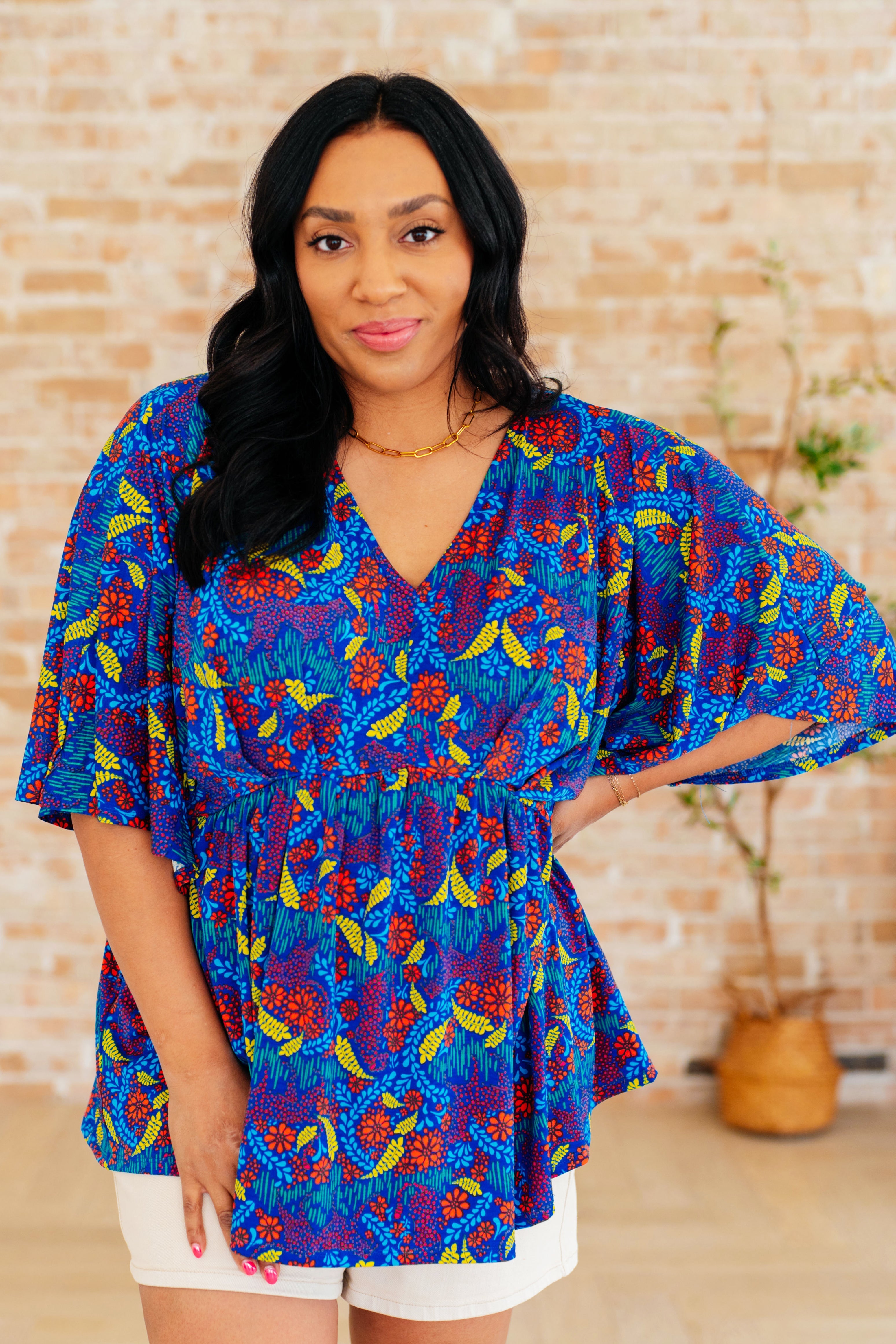 Dreamer Peplum Top in Royal and Red Abstract Cheetahs