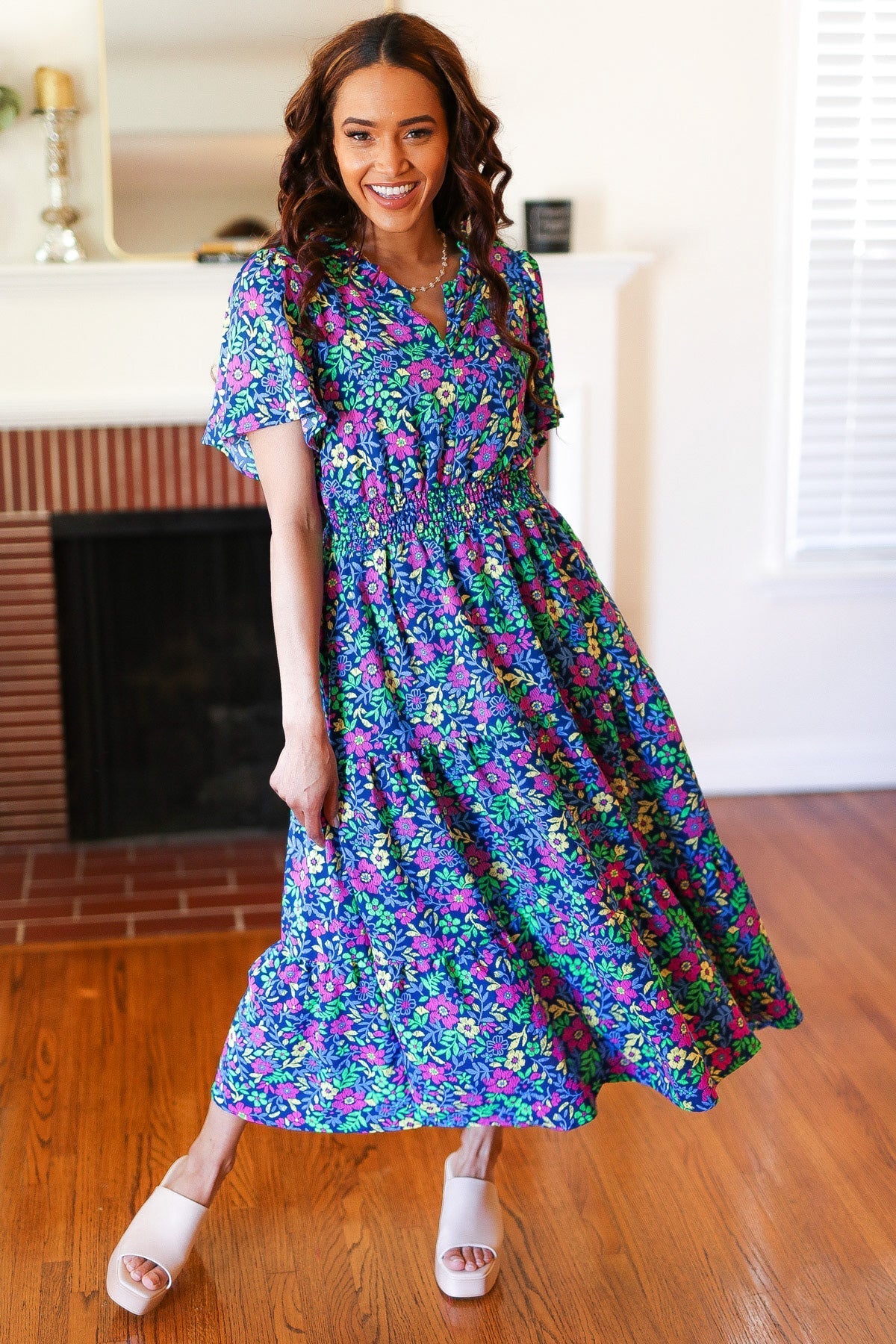Eyes On You Navy Neon Floral Smocked Waist Maxi Dress (Shipping in 1-2 Weeks)