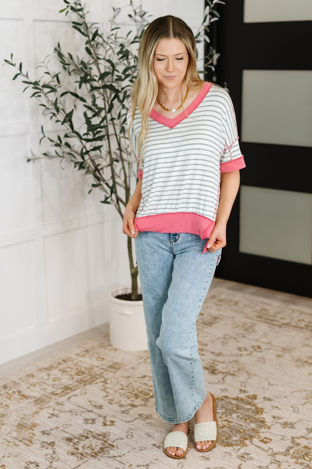 Dressed to Chill V-Neck Top in Heather/Grey/Ivory/Pink - 4/20