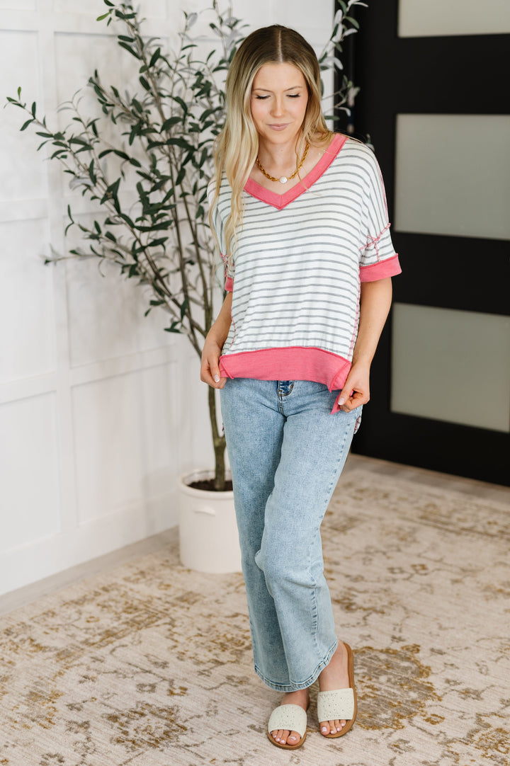 Dressed to Chill V-Neck Top in Heather/Grey/Ivory/Pink - 4/20