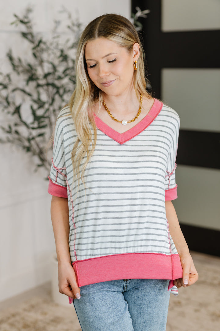 Dressed to Chill V-Neck Top in Heather/Grey/Ivory/Pink - 4/20