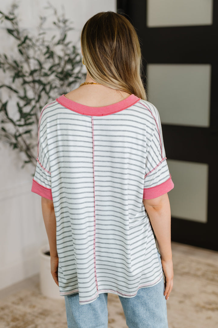 Dressed to Chill V-Neck Top in Heather/Grey/Ivory/Pink - 4/20