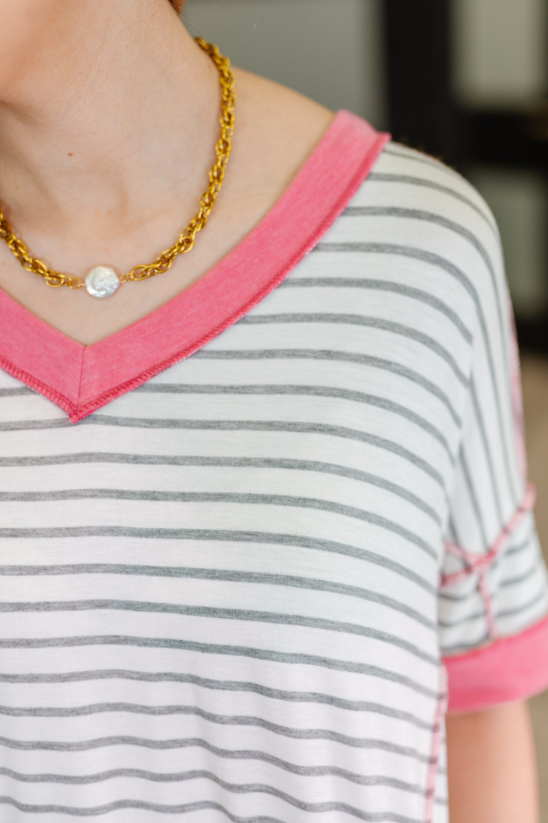 Dressed to Chill V-Neck Top in Heather/Grey/Ivory/Pink - 4/20