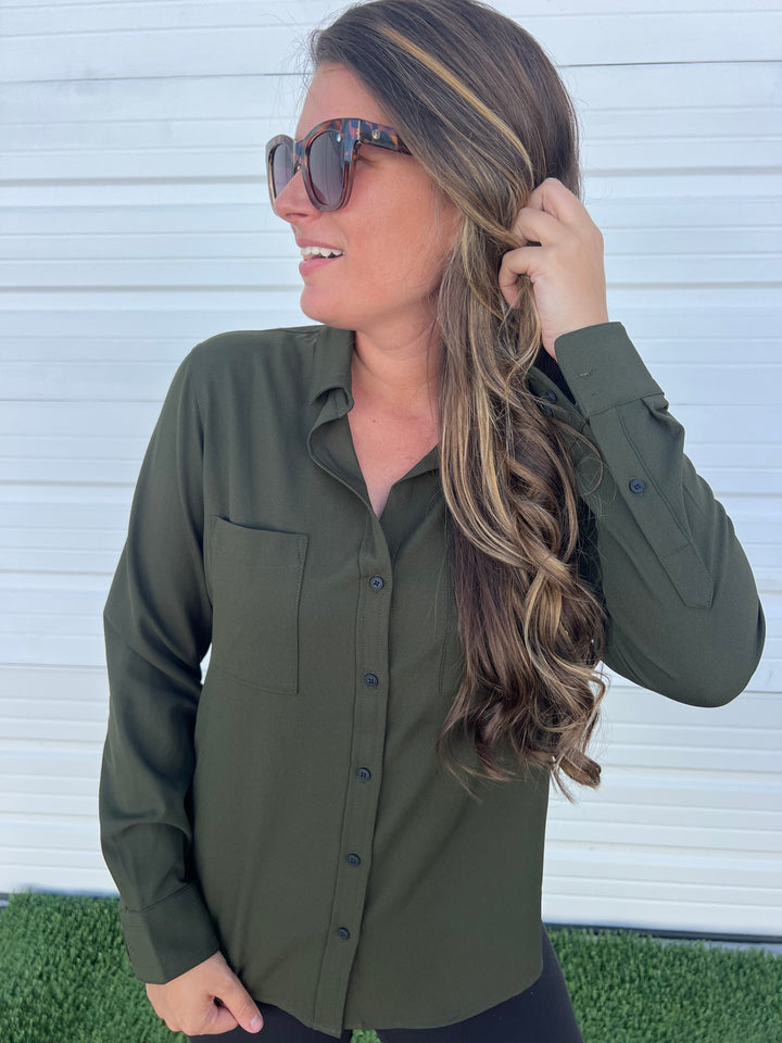 Monique Button Up Long Sleeve Blouse - Townsend Green