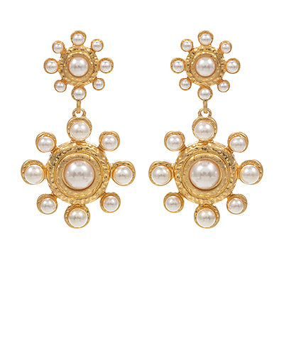 Linked Double Flower Shaped Pearl Earrings