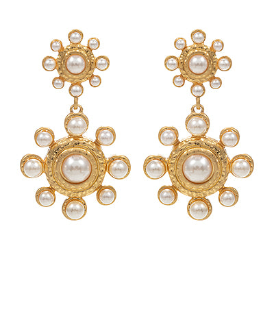 Linked Double Flower Shaped Pearl Earrings