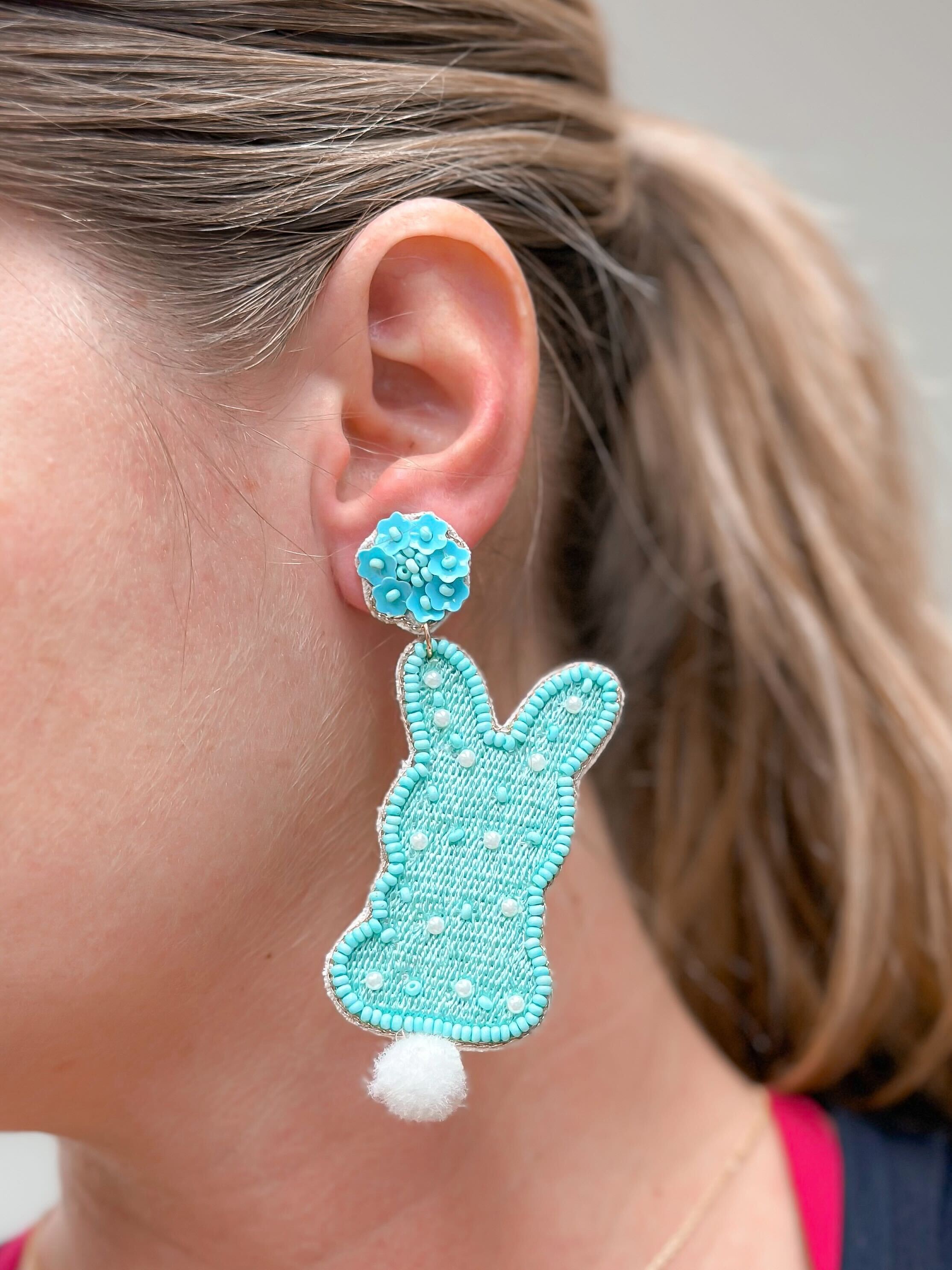 Easter Bunny Beaded Dangle Earrings - Blue