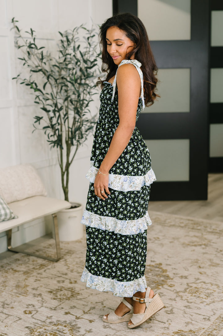 Elegant Edge Tiered Maxi Dress in Navy - 7/21