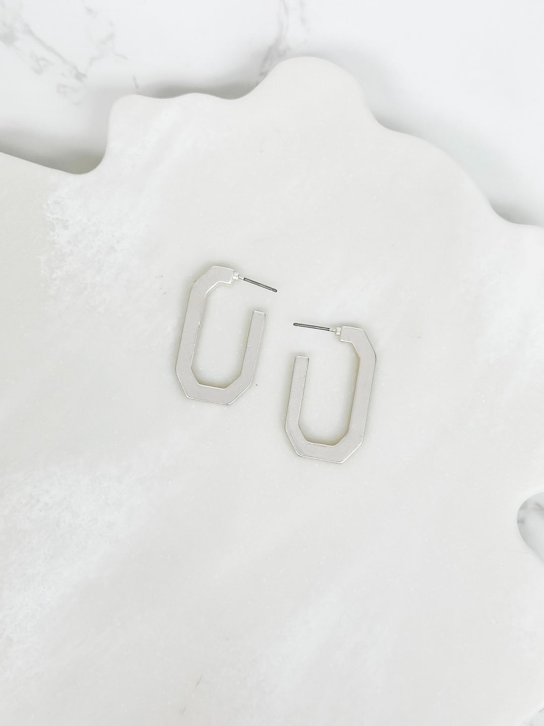 Elongated Octagon Matte Hoop Earrings - Silver