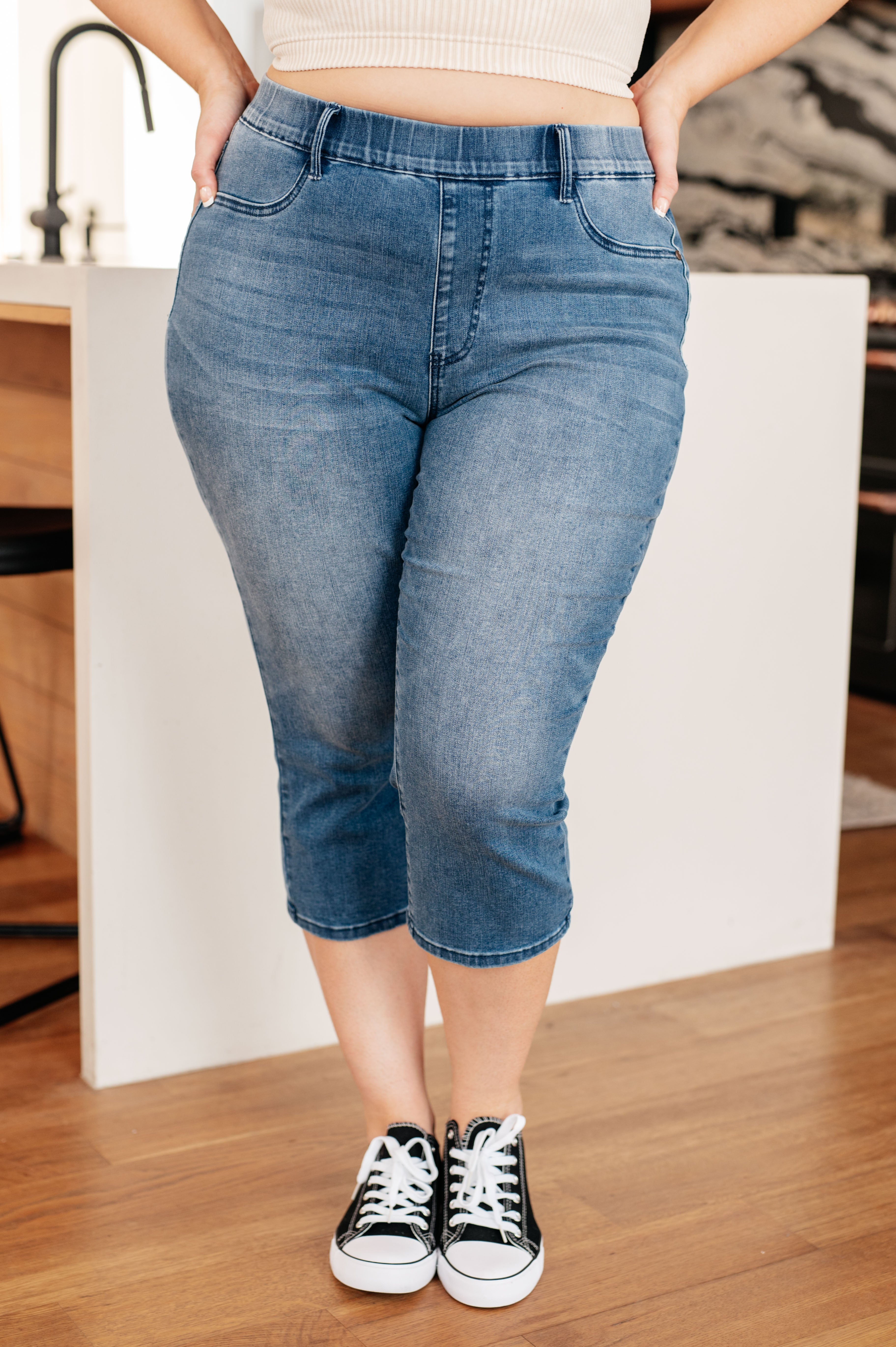 Emily High Rise Cool Denim Pull On Capri Jeans by Judy Blue