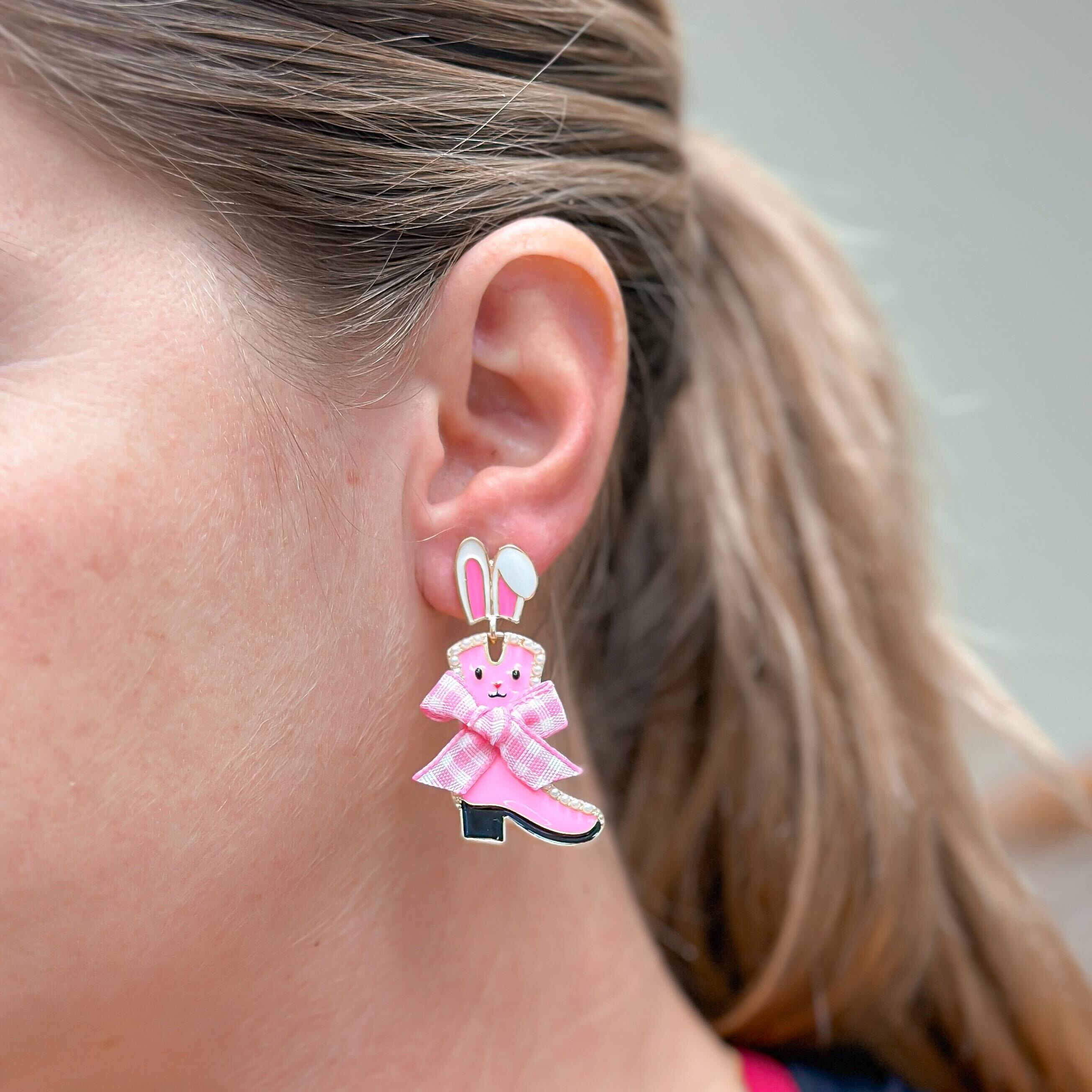 Enamel Bunny Boot Dangle Earrings - Pink