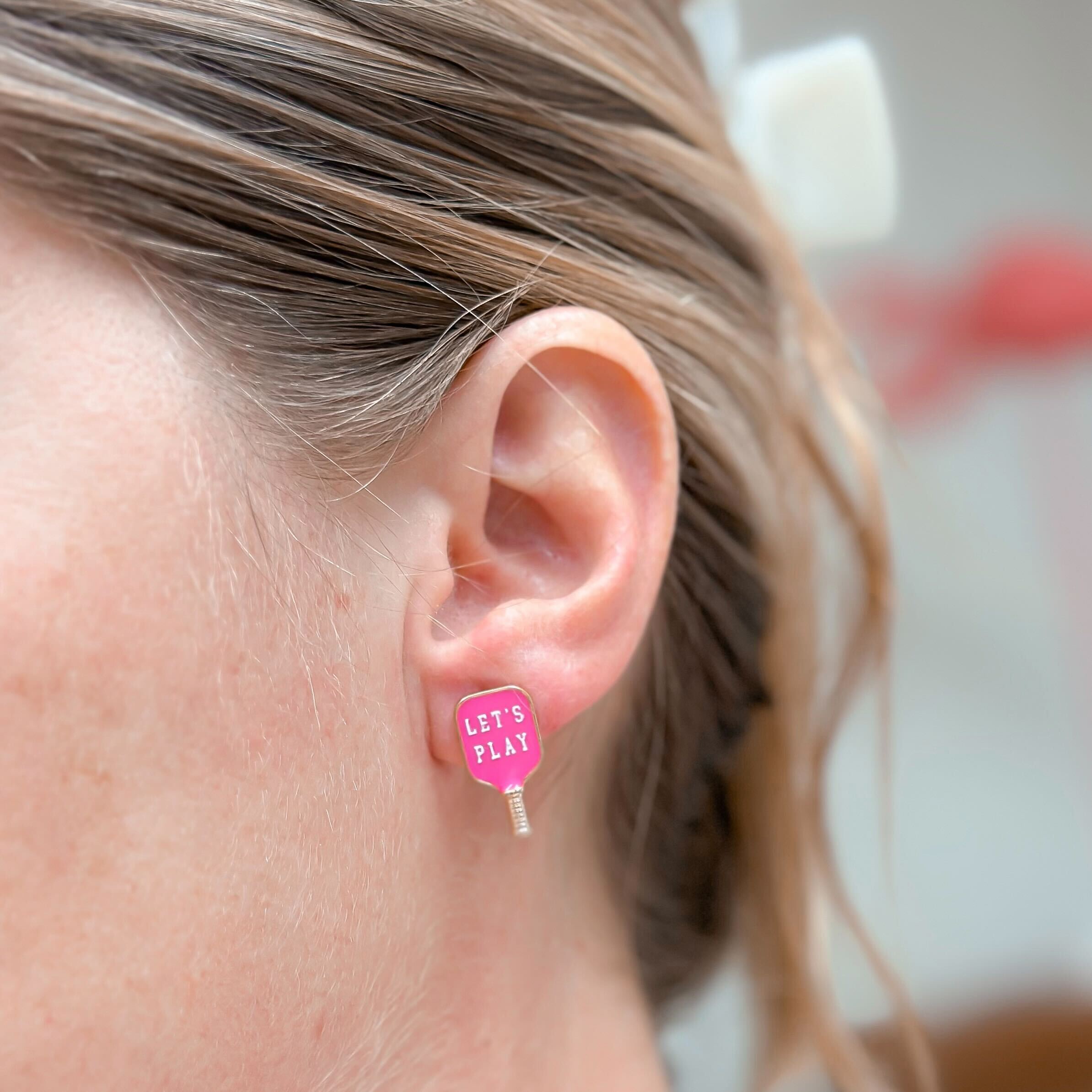 Enamel Hot Pink Pickleball Stud Earrings - 'Let's Play'