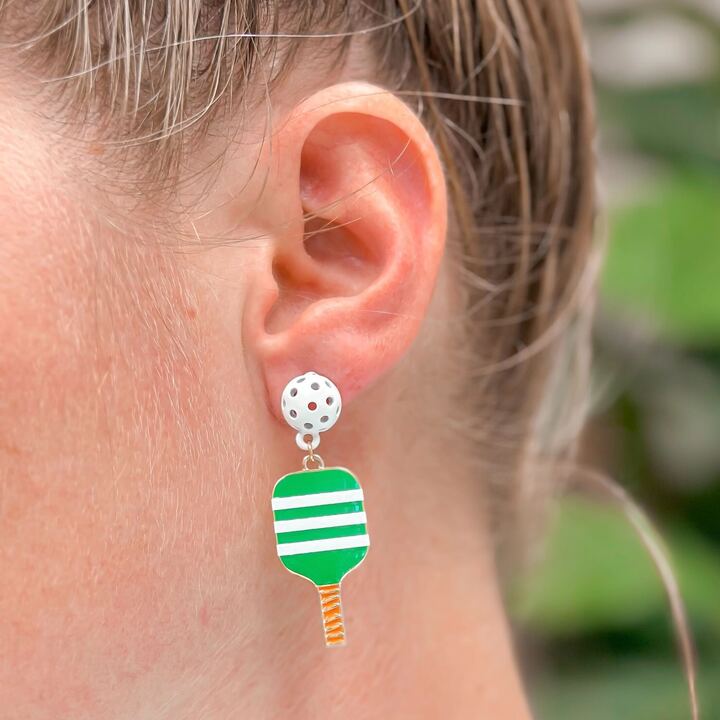 Enamel Pickleball Dangle Earrings - Green