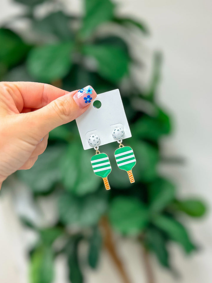 Enamel Pickleball Dangle Earrings - Green