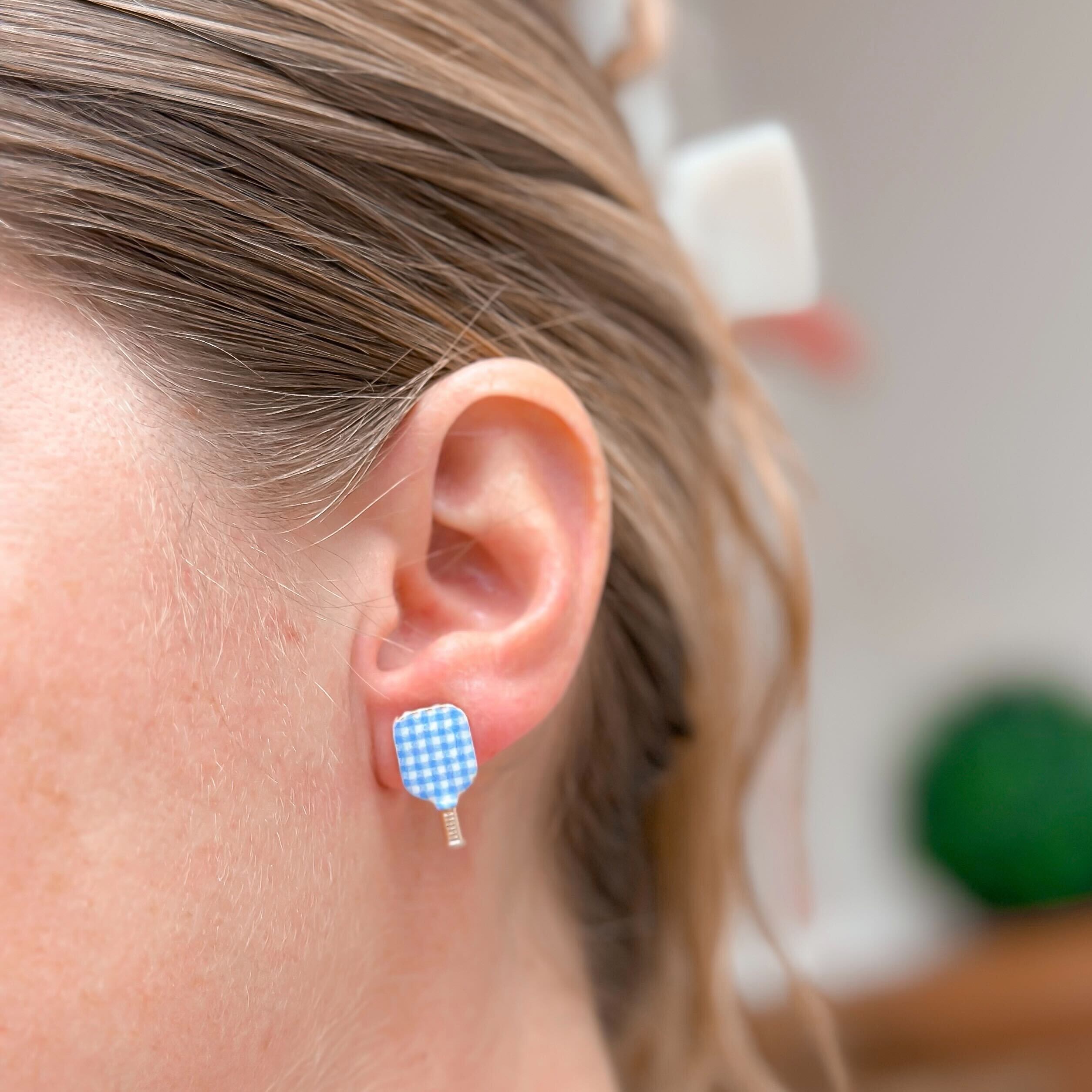 Enamel Pickleball Stud Earrings - Blue Check