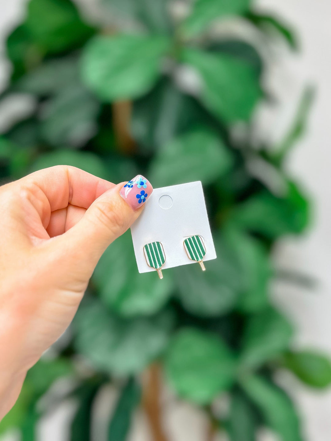 Enamel Pickleball Stud Earrings - Green Stripe