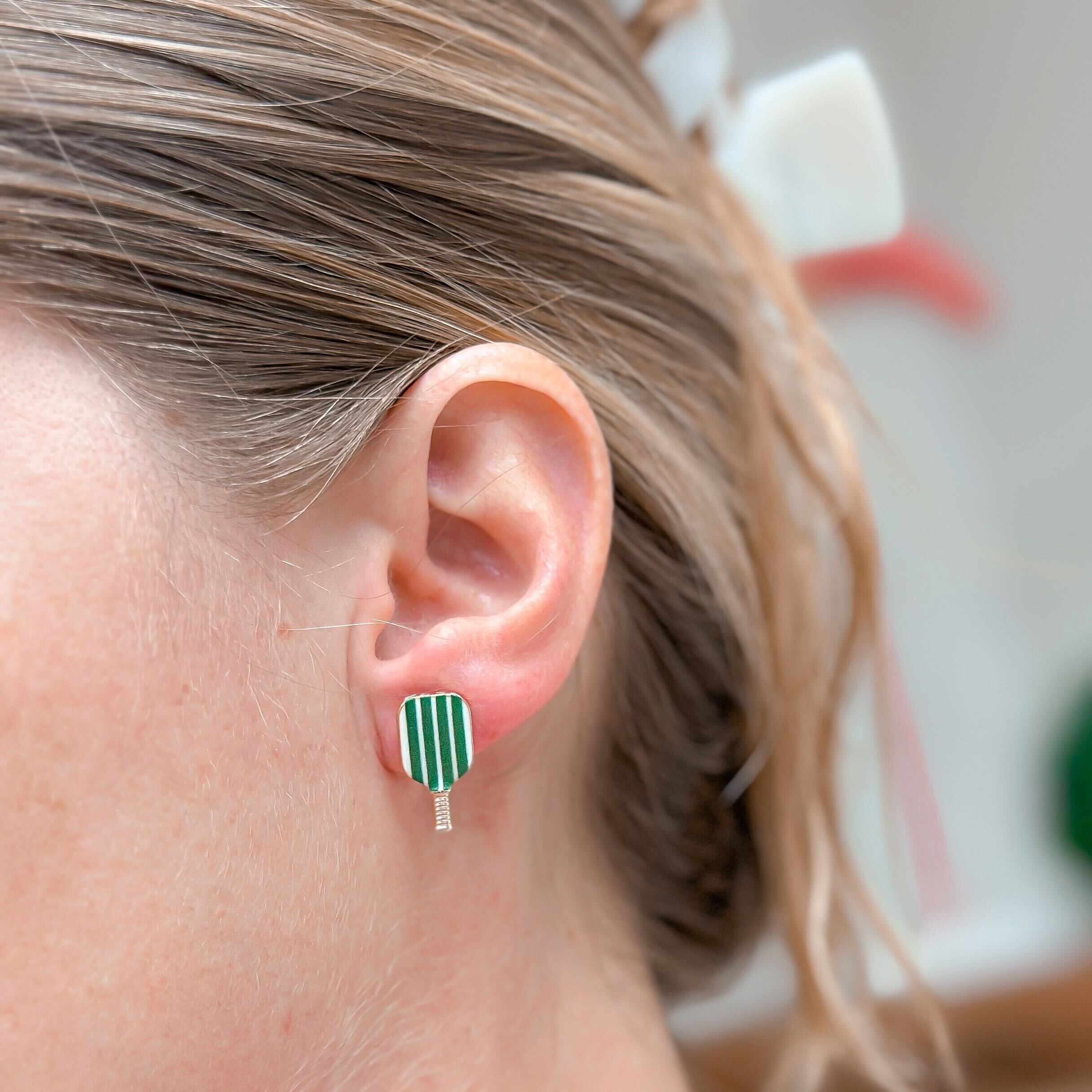 Enamel Pickleball Stud Earrings - Green Stripe