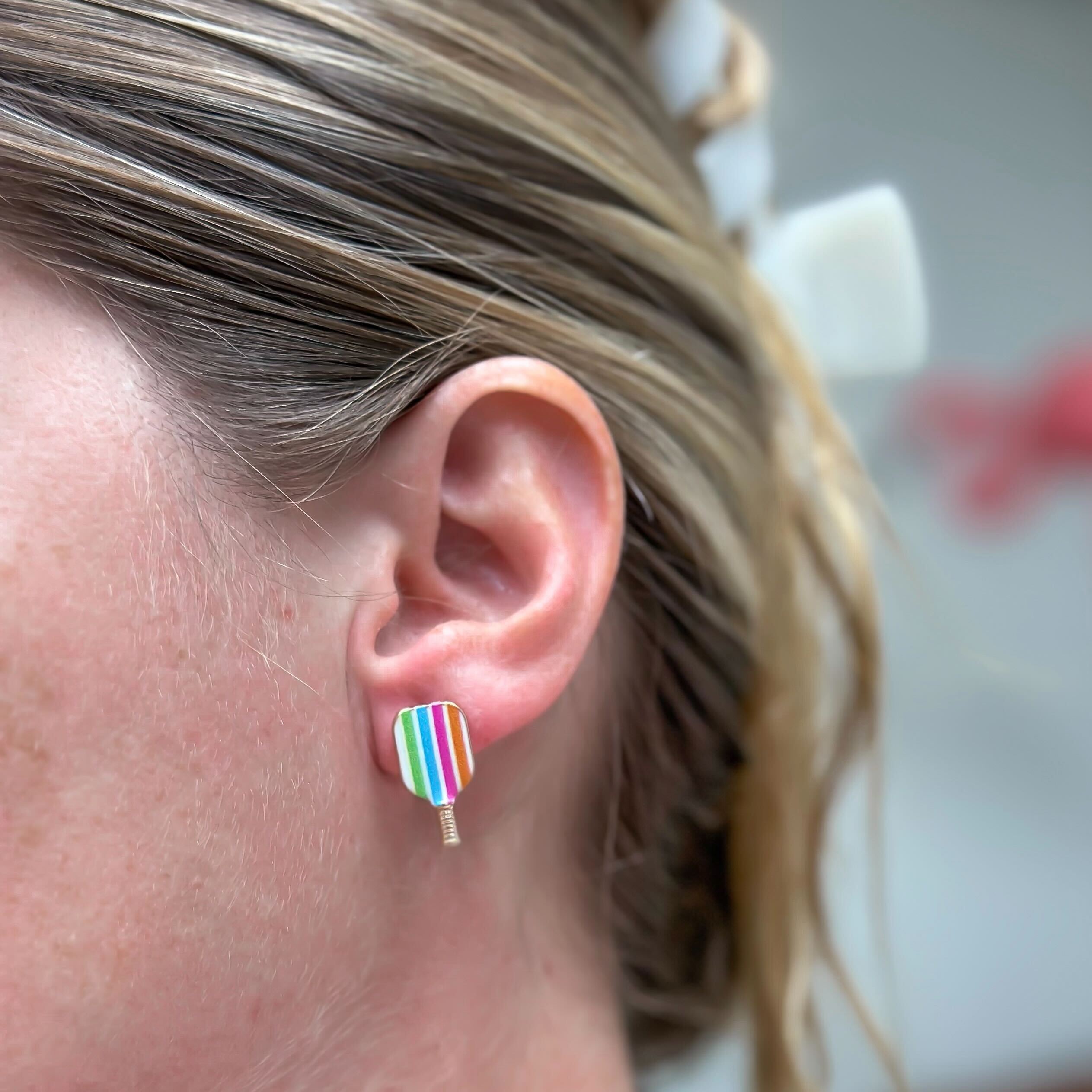 Enamel Pickleball Stud Earrings - Rainbow Stripe