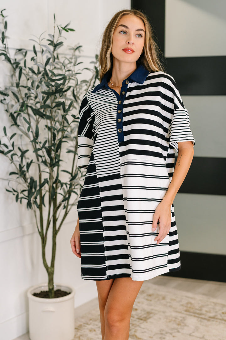 Everlasting Love Striped Collared Dress in Black and Navy - 3/30