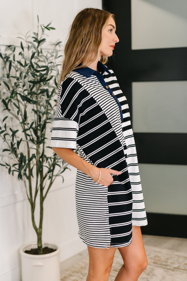 Everlasting Love Striped Collared Dress in Black and Navy - 3/30