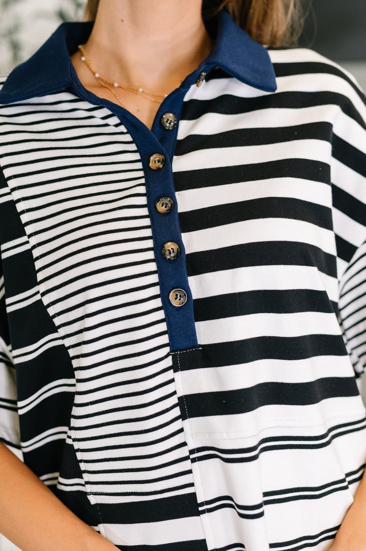 Everlasting Love Striped Collared Dress in Black and Navy - 3/30