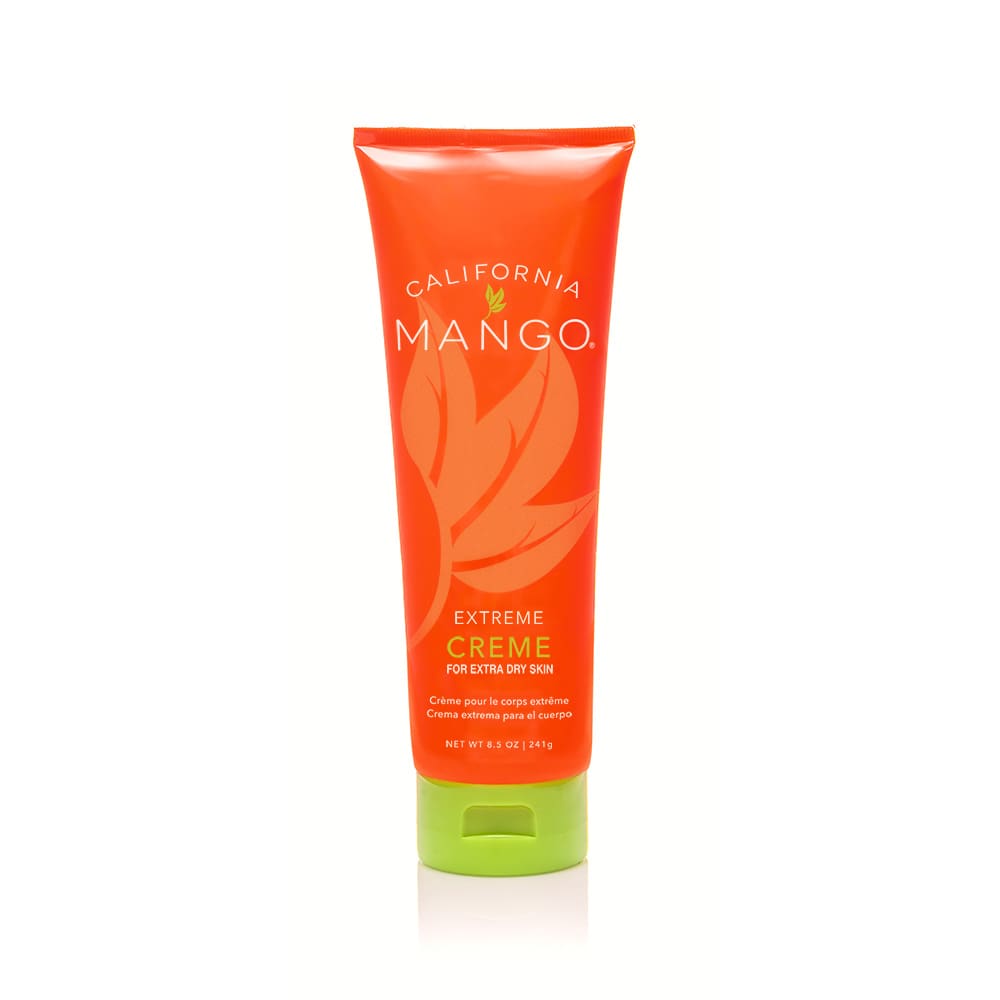 California Mango Extreme Creme body lotion tube for extra dry skin, 8.5 oz, orange tube with green cap, front view on white background