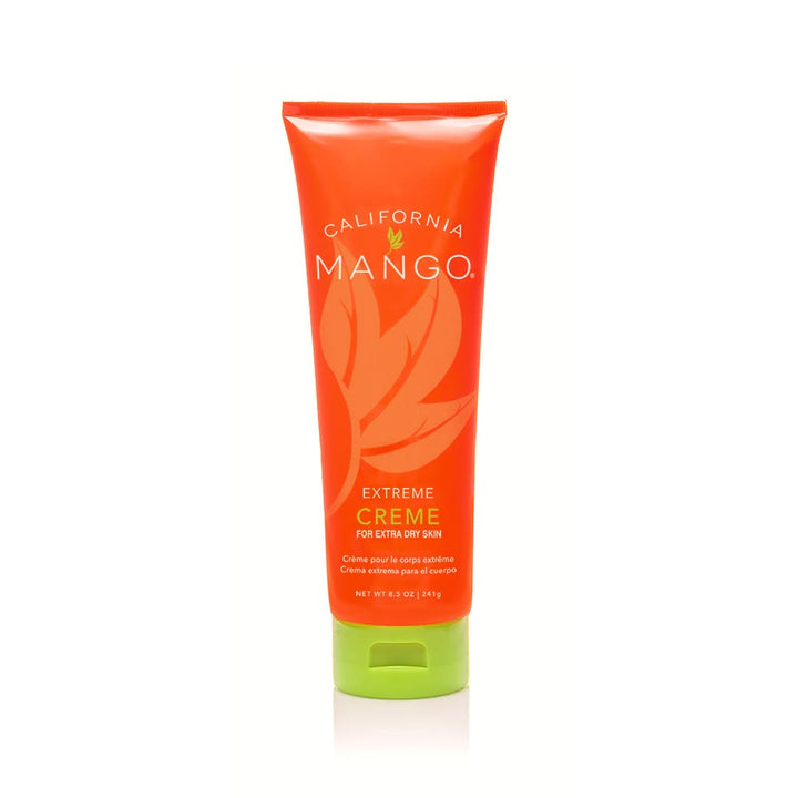 California Mango Extreme Creme body lotion tube for extra dry skin, 8.5 oz, orange tube with green cap, front view on white background
