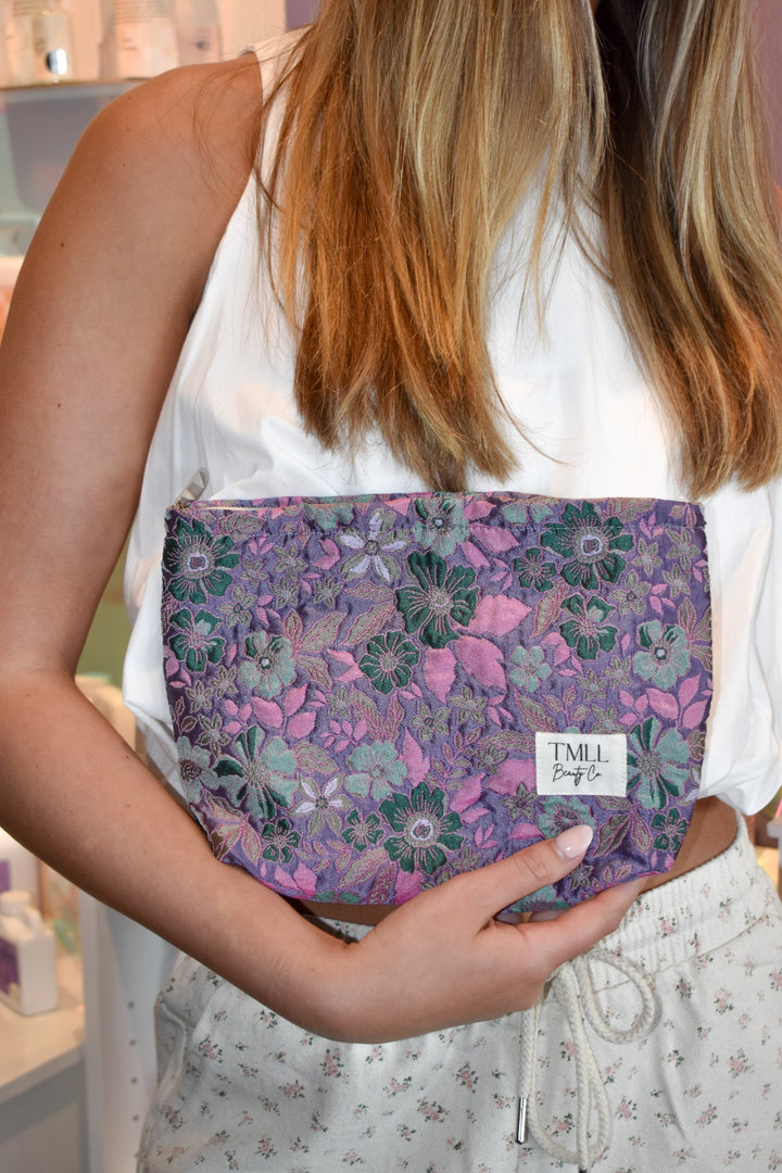 Brocade Makeup Bag - Violet Flora by TMLL Beauty Co. (PREORDER: Ships in 2-3 Weeks)