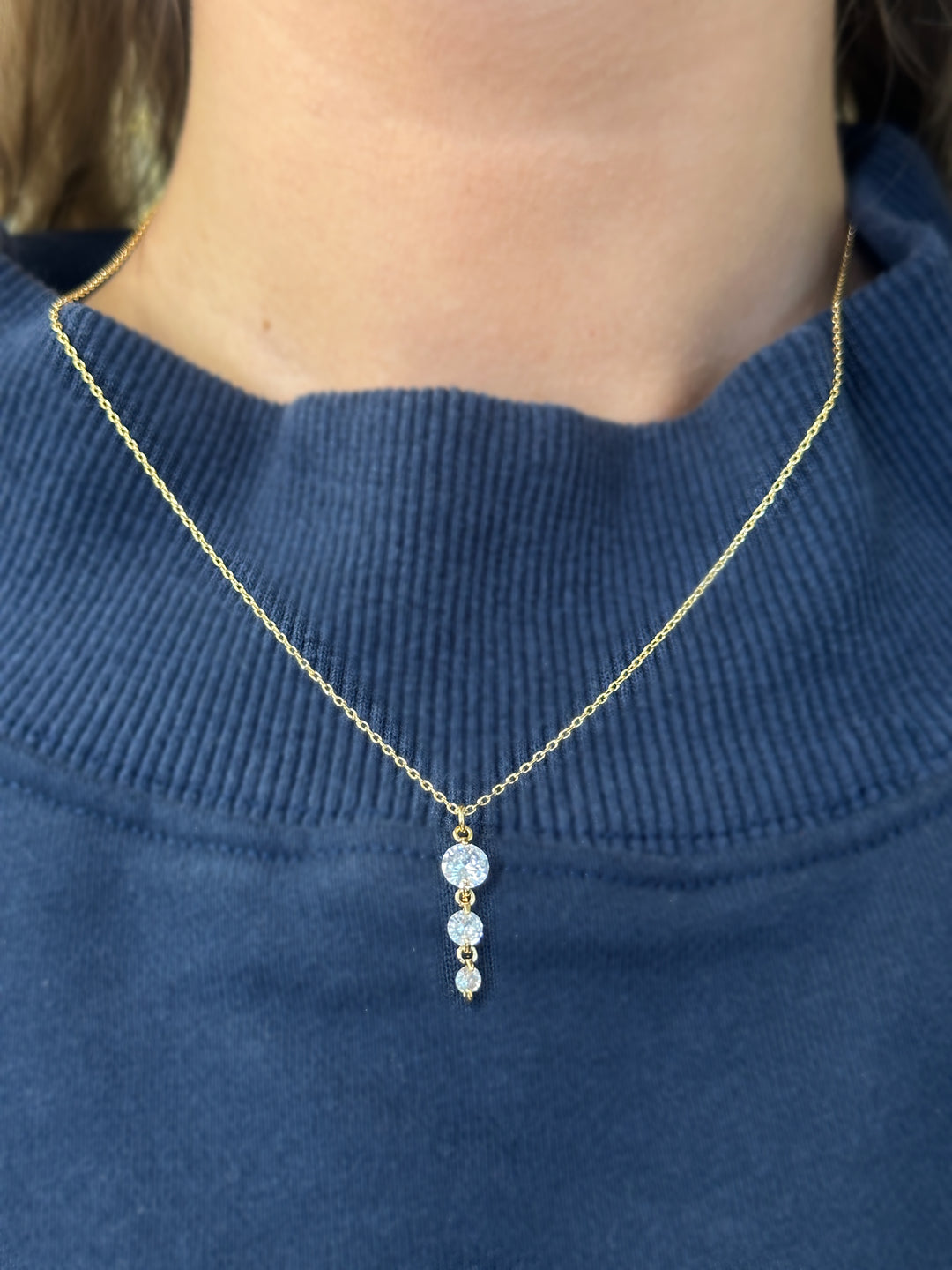 Cubic Zirconia Triple Stone Pendant Necklace - Gold