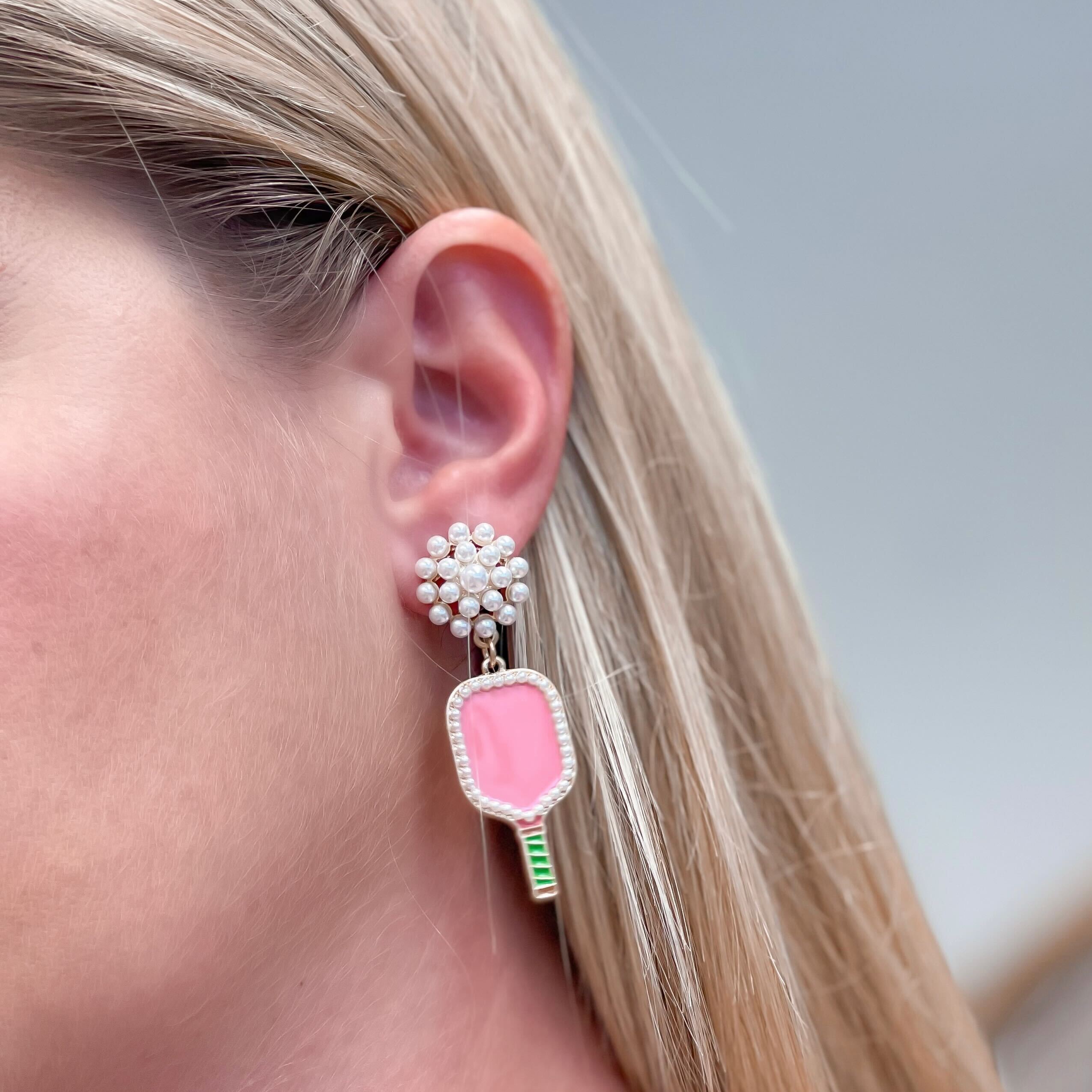 Ellie Pickleball Pearl Cluster Drop Earrings - Pink