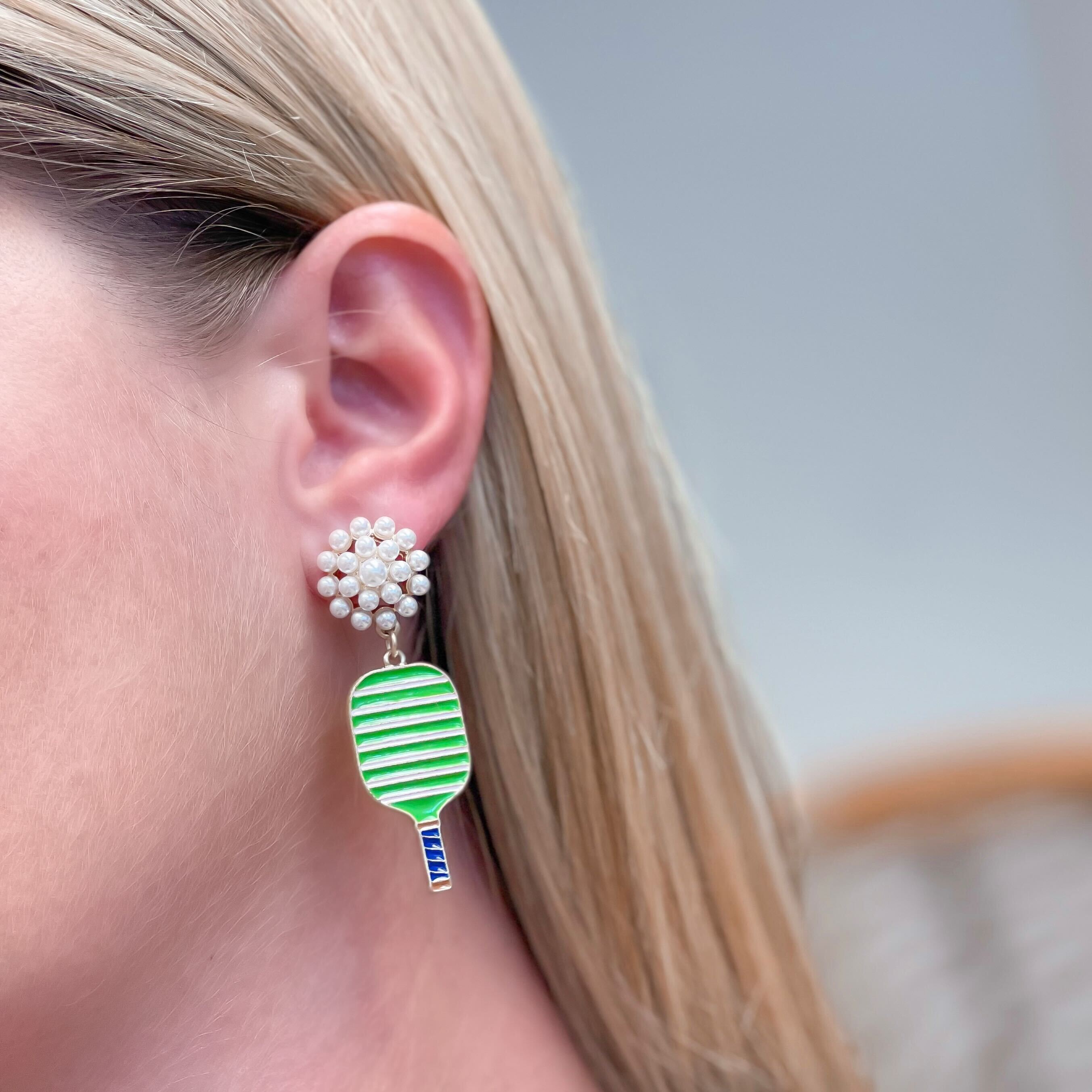 Ellie Pickleball Pearl Cluster Drop Earrings - Green