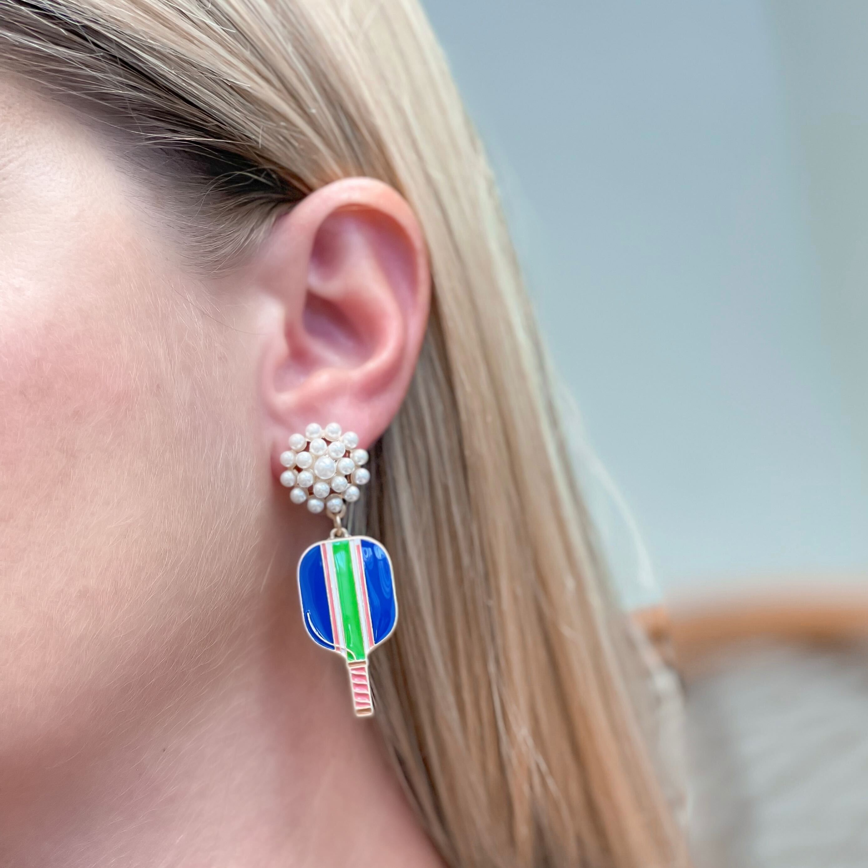 Ellie Pickleball Pearl Cluster Drop Earrings - Blue