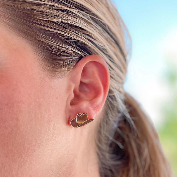 Brown Cowboy Hat Signature Enamel Studs by Prep Obsessed