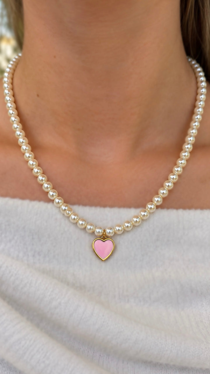 Pearl Bead Heart Charm Necklace - Pink