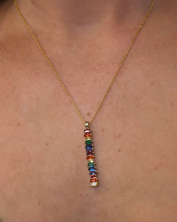 Cubic Zirconia Rainbow Bar Pendant Necklace