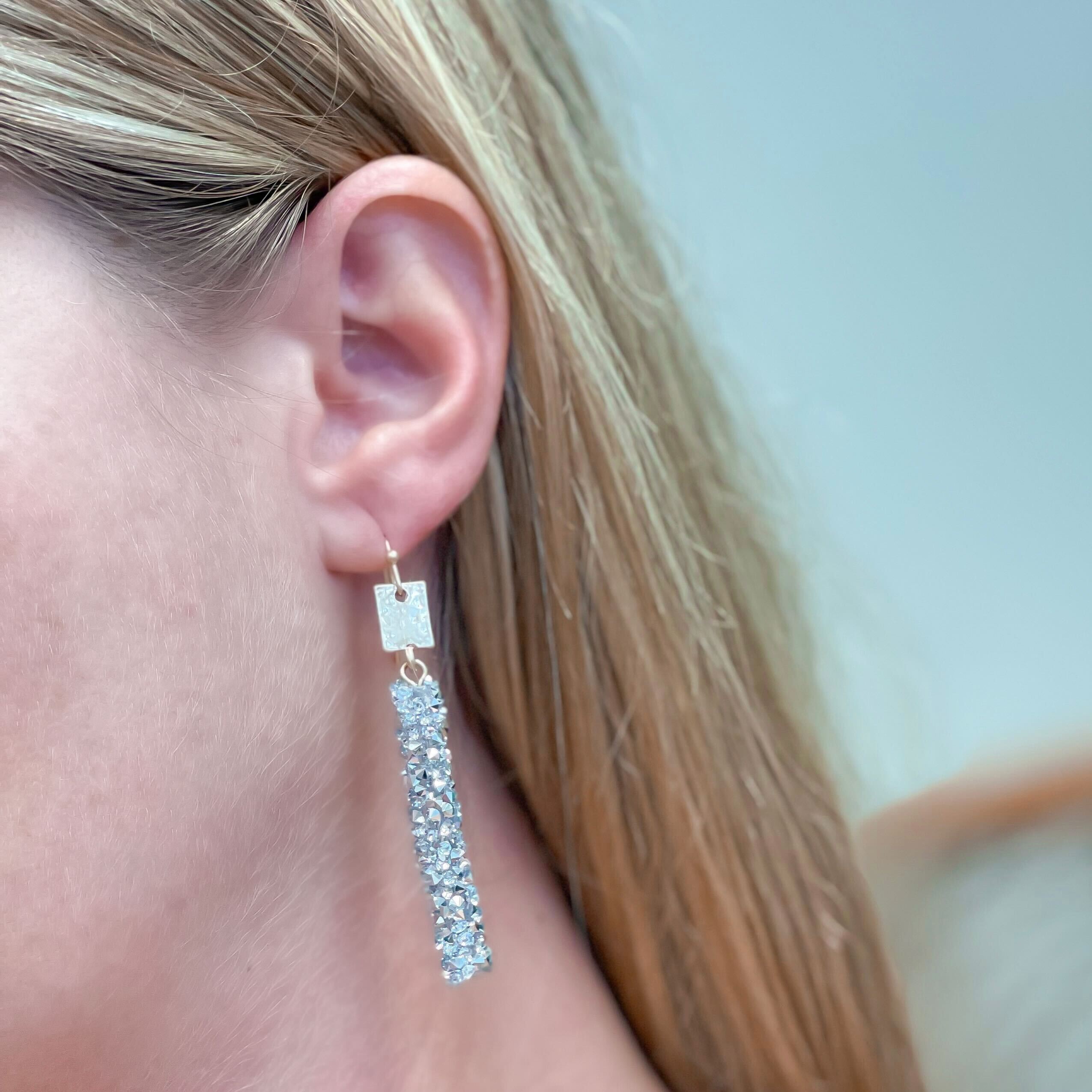 Crystal Encrusted Straight Dangle Earrings - Silver