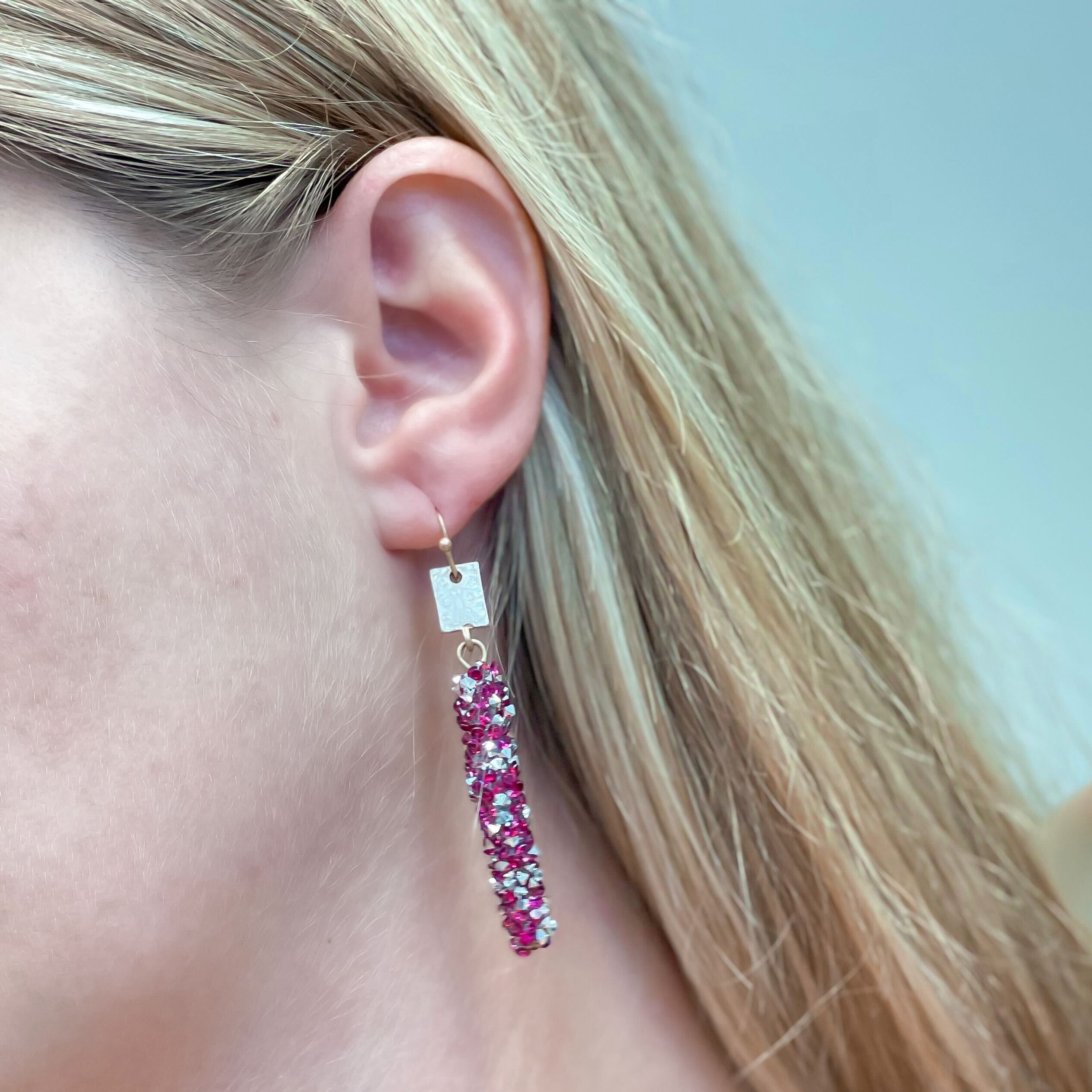 Crystal Encrusted Straight Dangle Earrings - Fuchsia