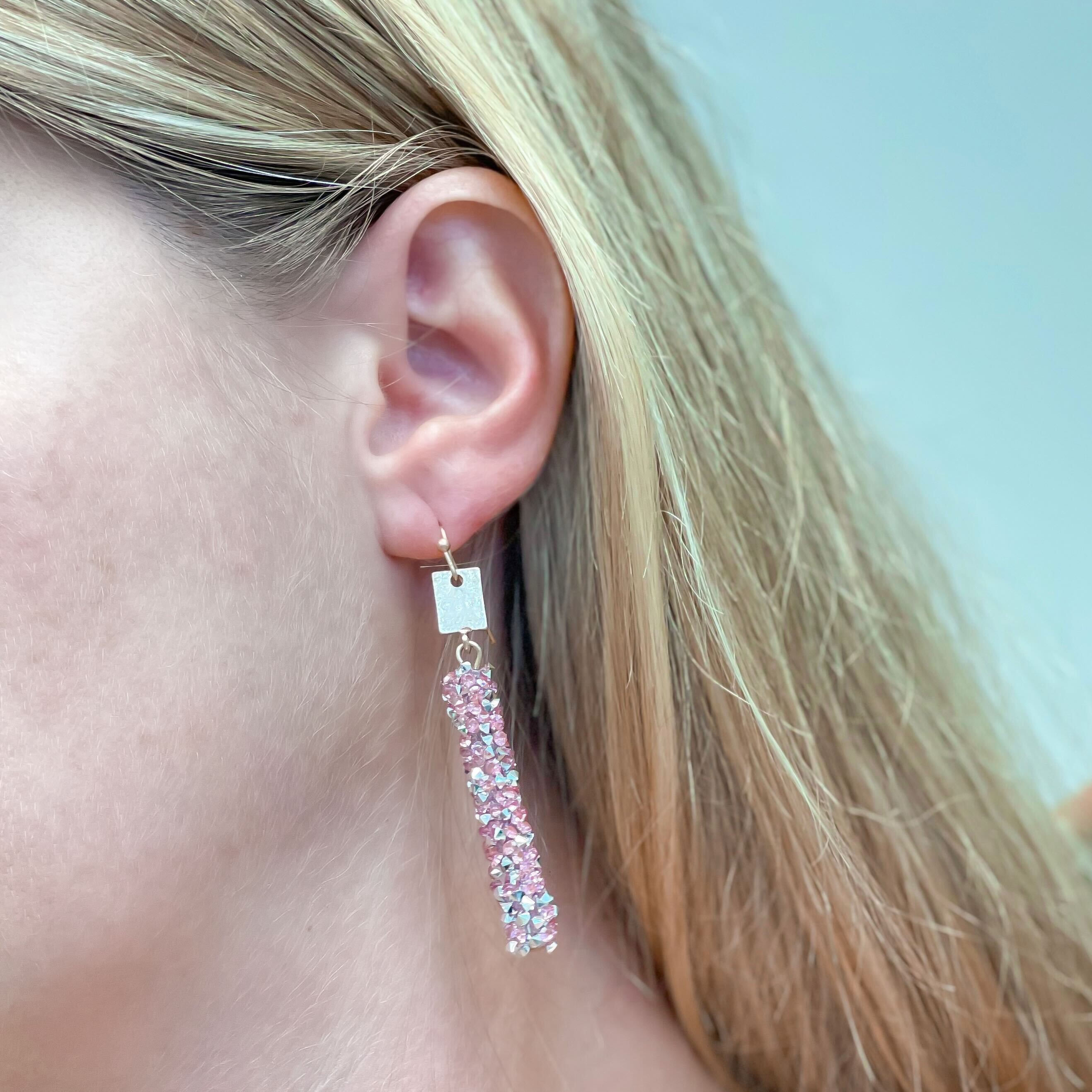 Crystal Encrusted Straight Dangle Earrings - Pink
