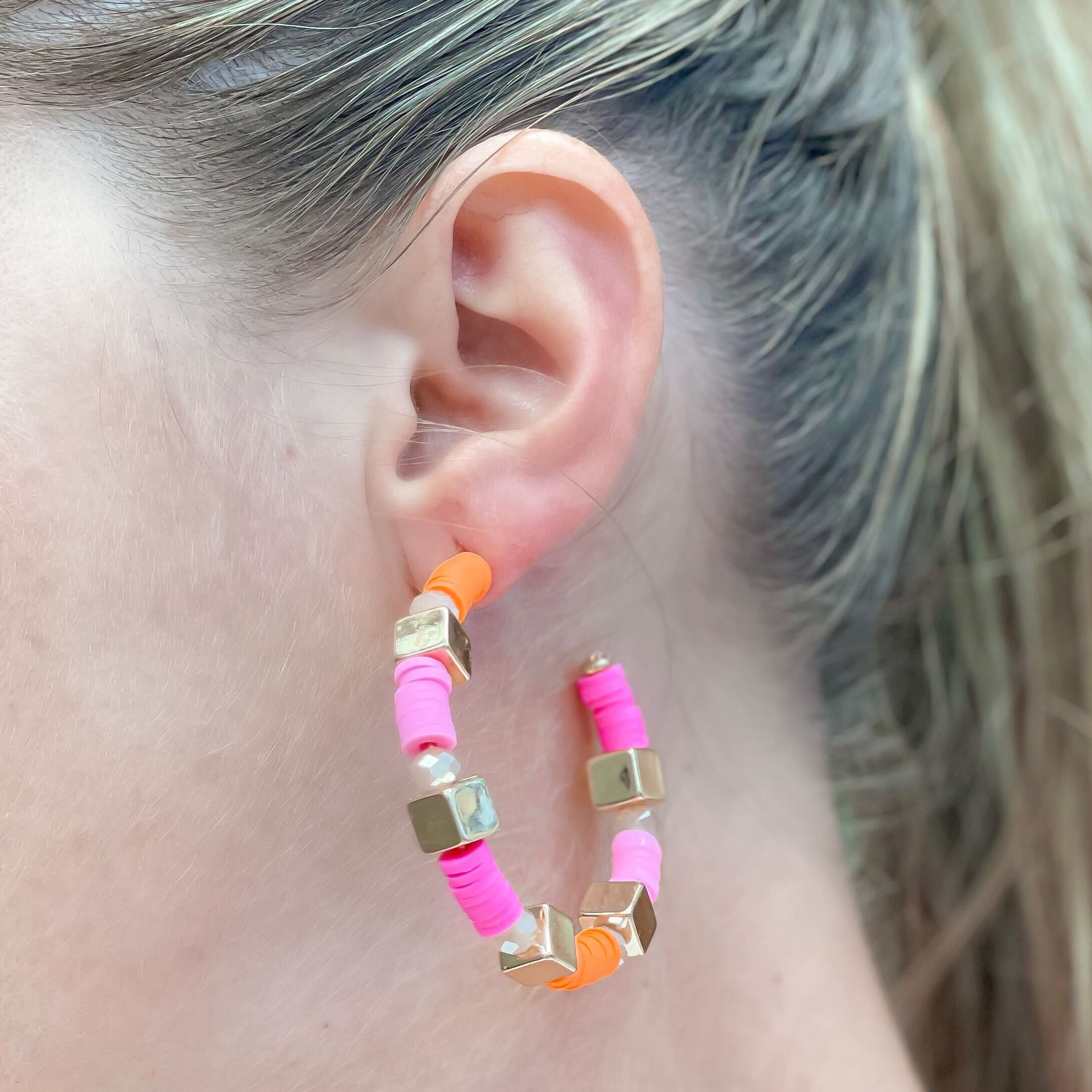 Multi Shape Bead Hoop Earrings - Pink