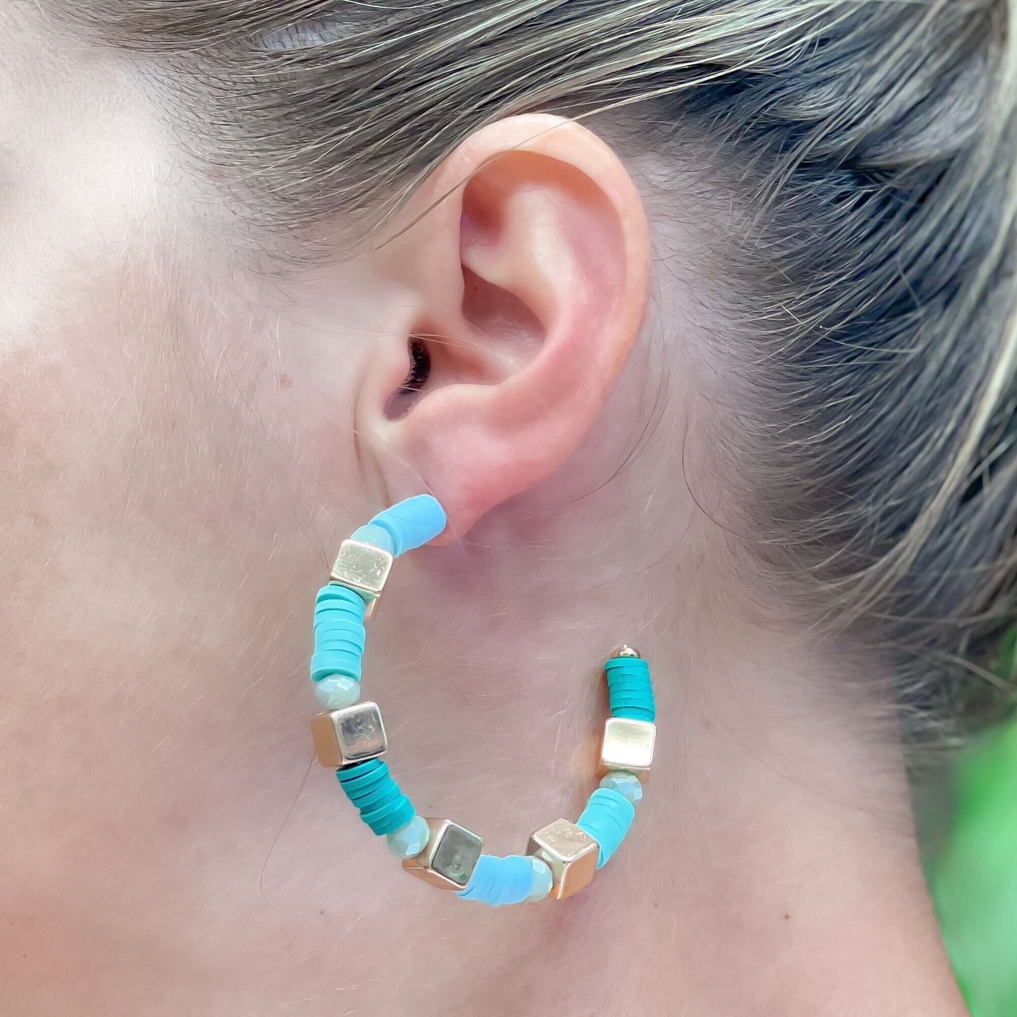 Multi Shape Bead Hoop Earrings - Blue