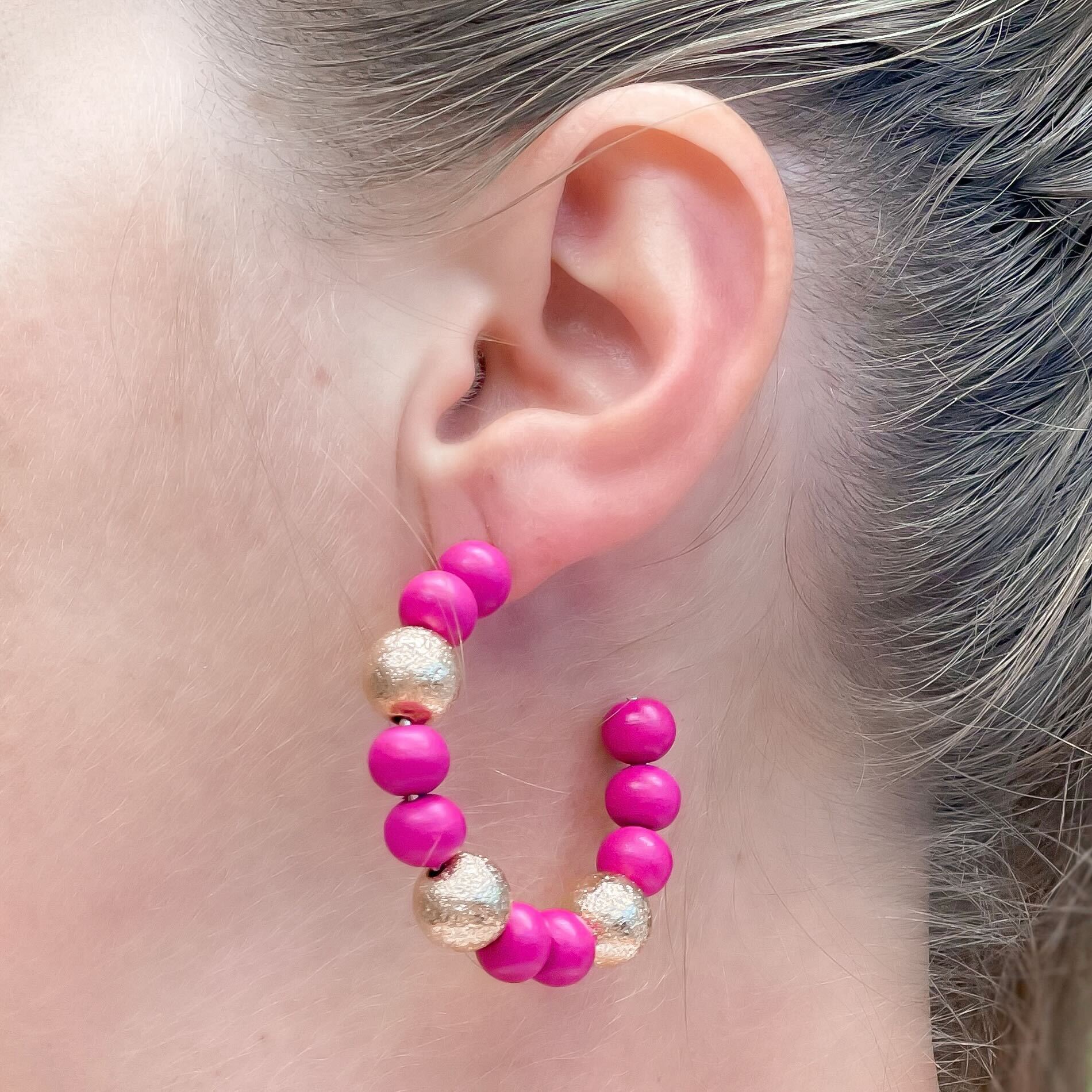 Gold & Color Bead Hoop Earrings - Pink