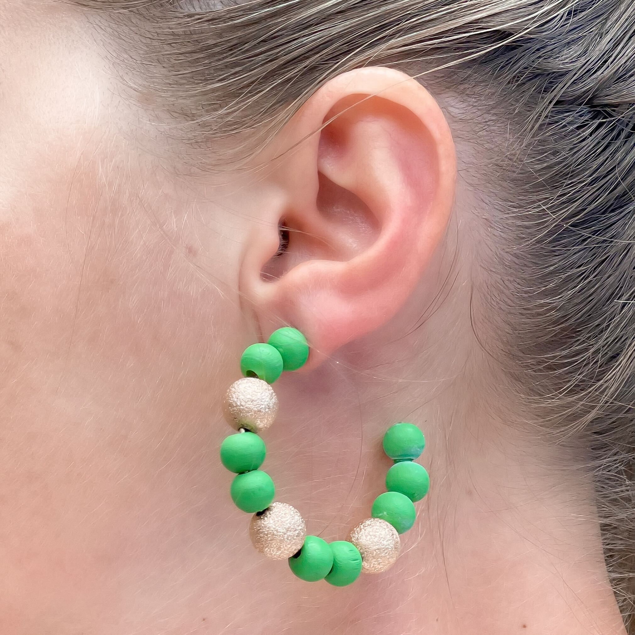 Gold & Color Bead Hoop Earrings - Green