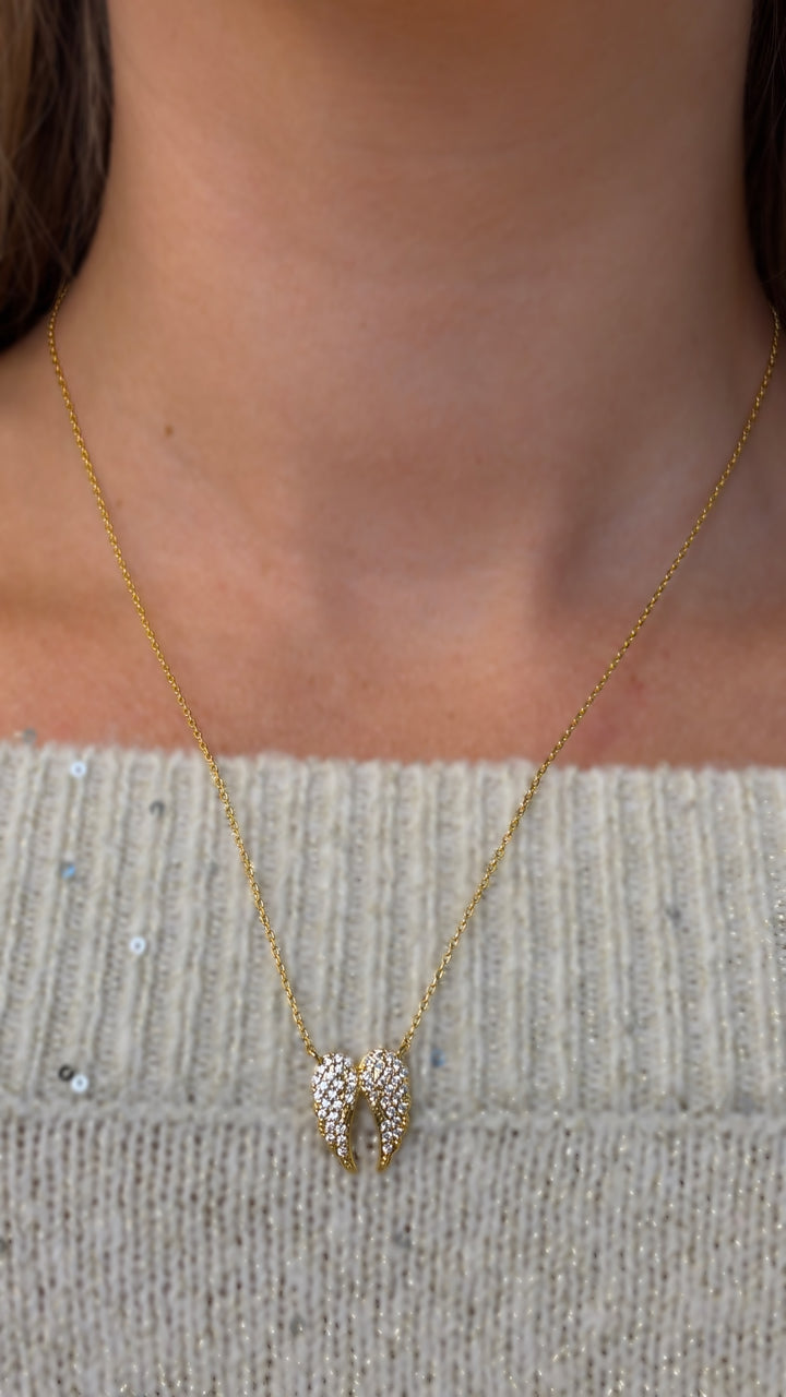 Cubic Zirconia Angel Wings Pendant Necklace - Gold