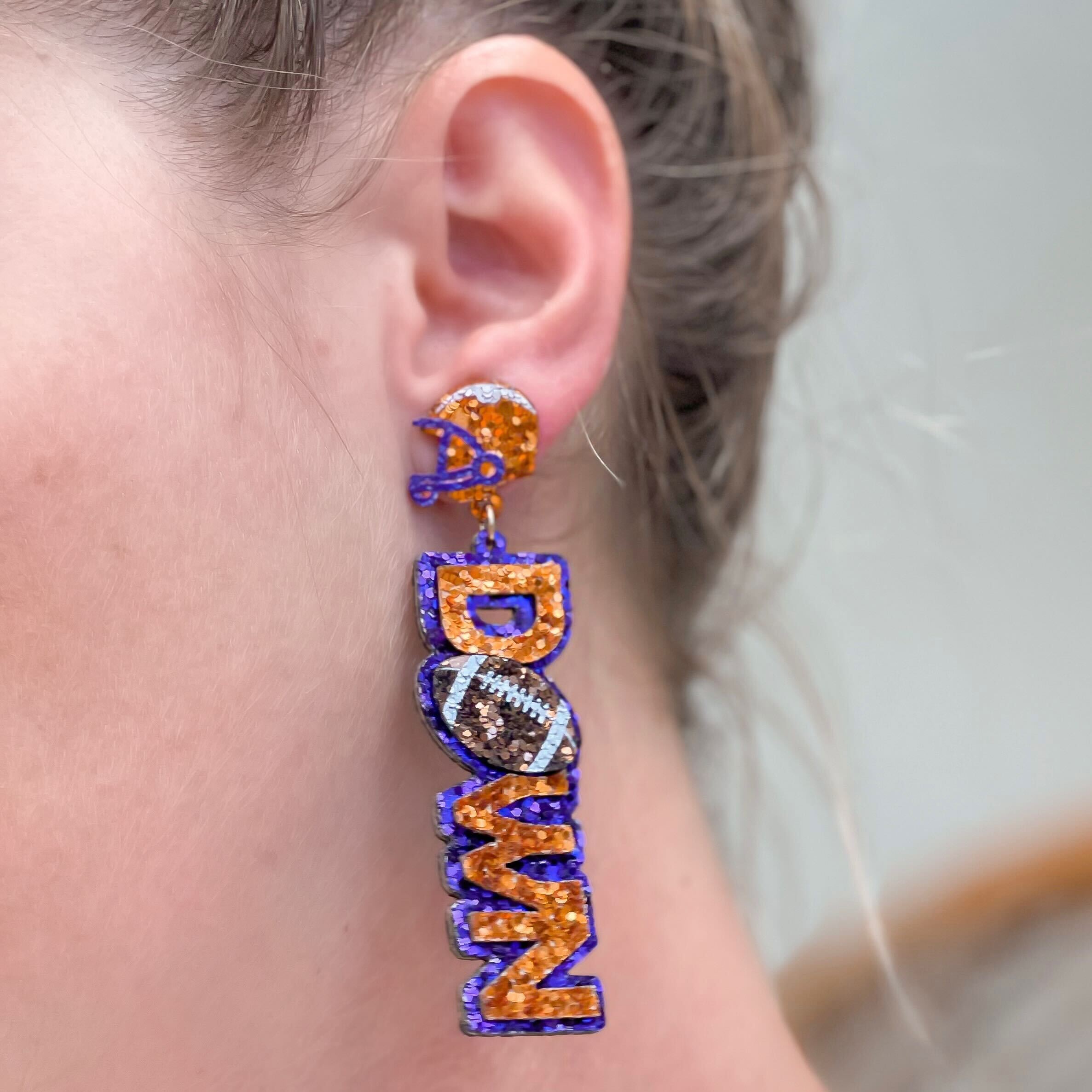 Glitter 'Touch Down' Football Dangle Earrings - Orange & Purple