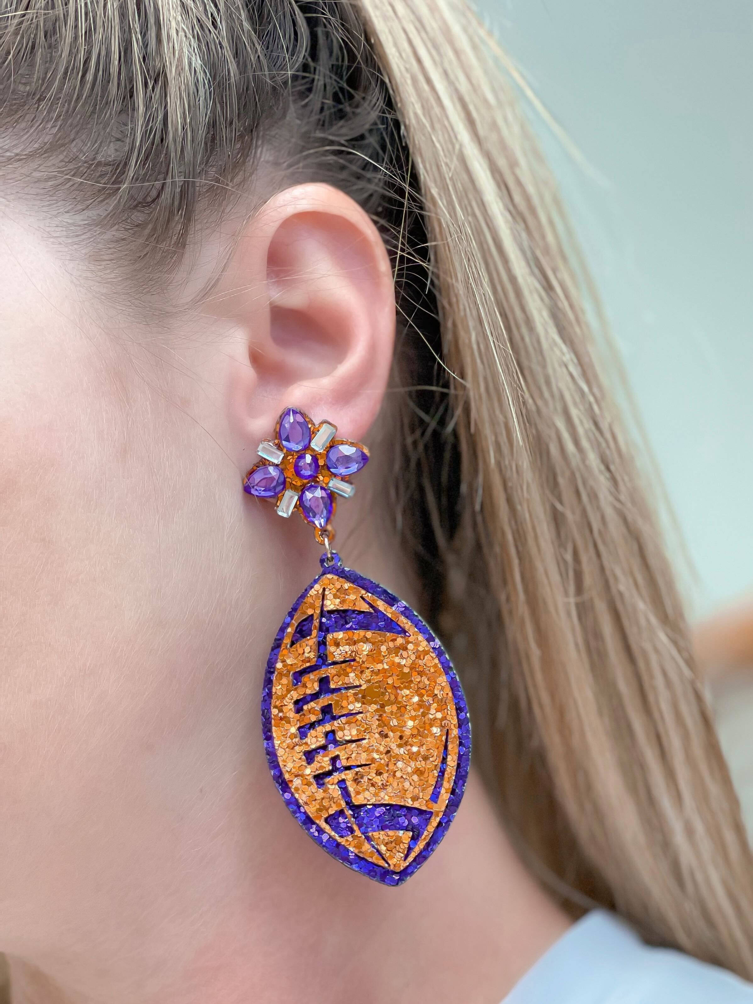 Glitter & Rhinestone College Football Dangle Earrings - Orange & Purple