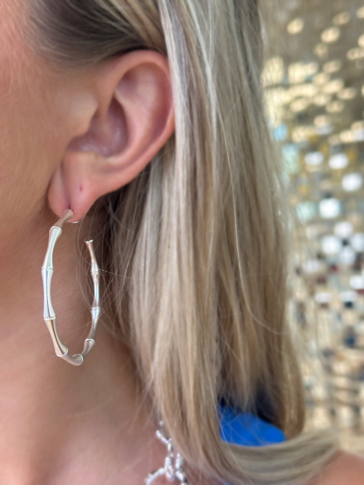 Bamboo Matte Metal Hoop Earrings - Silver